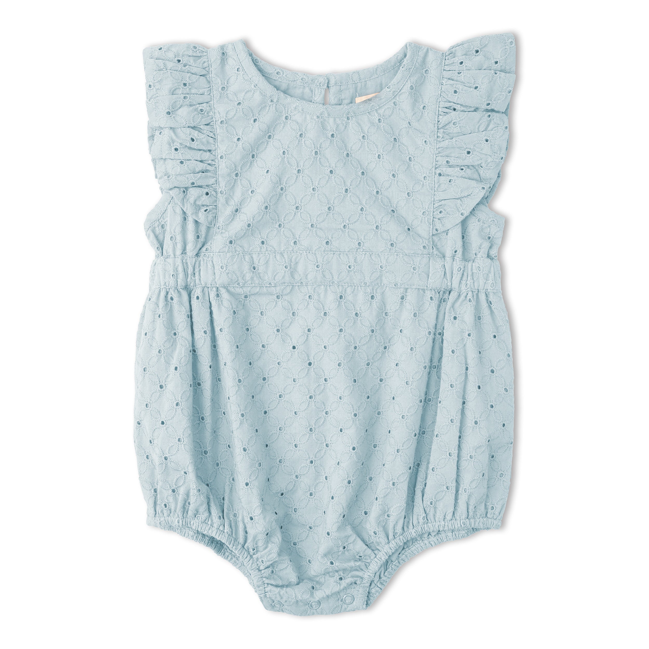 Organic Eyelet Flutter Romper - Light Blue Eyelet - Makemake Organics