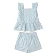 Organic Eyelet Flutter Top And Shorts Set - Light Blue Eyelet - Makemake Organics