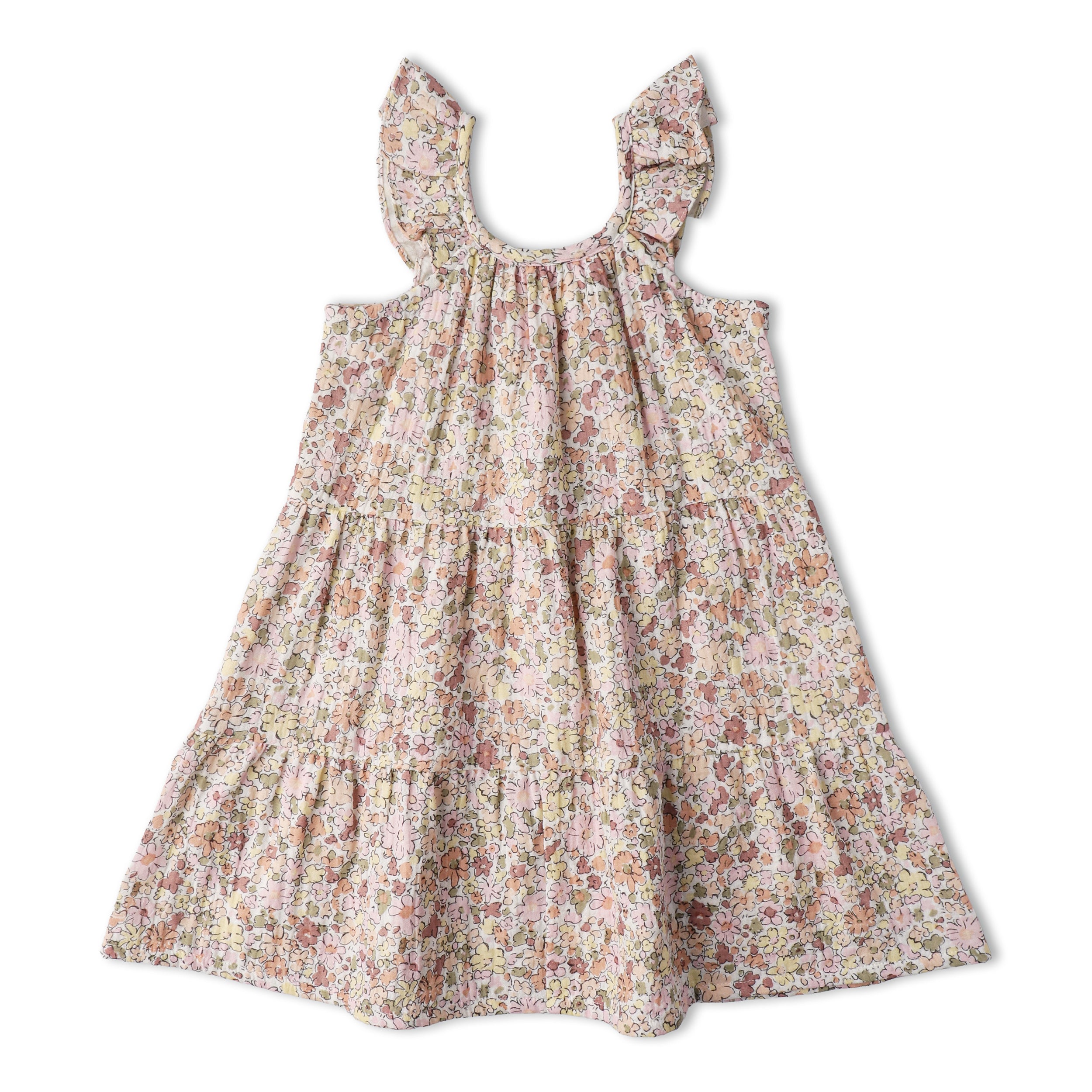 Organic Ruffle Tiered Dress - Pastel Bloom - Makemake Organics