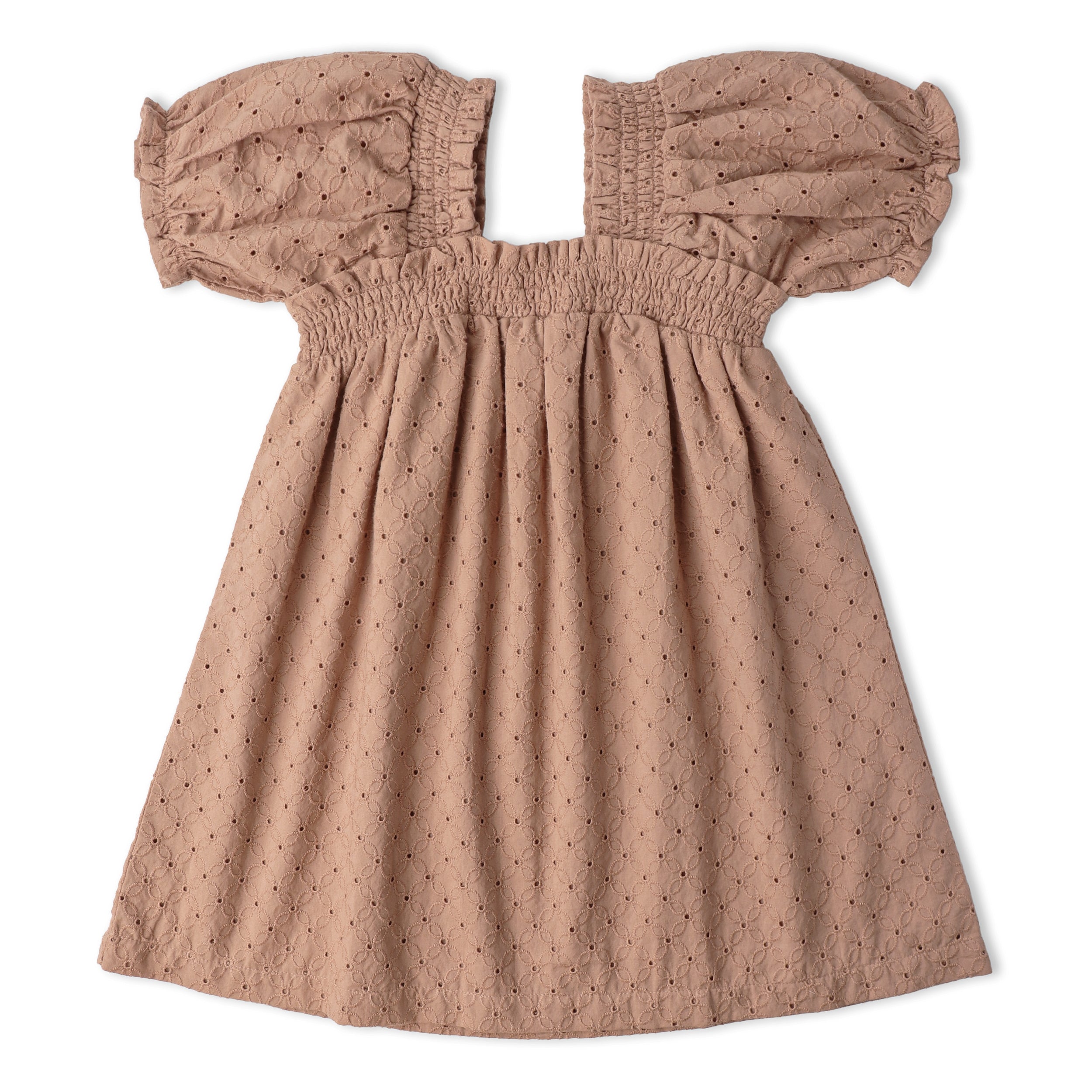 Organic Eyelet Bubble Sleeve Dress - Clay Eyelet - Makemake Organics
