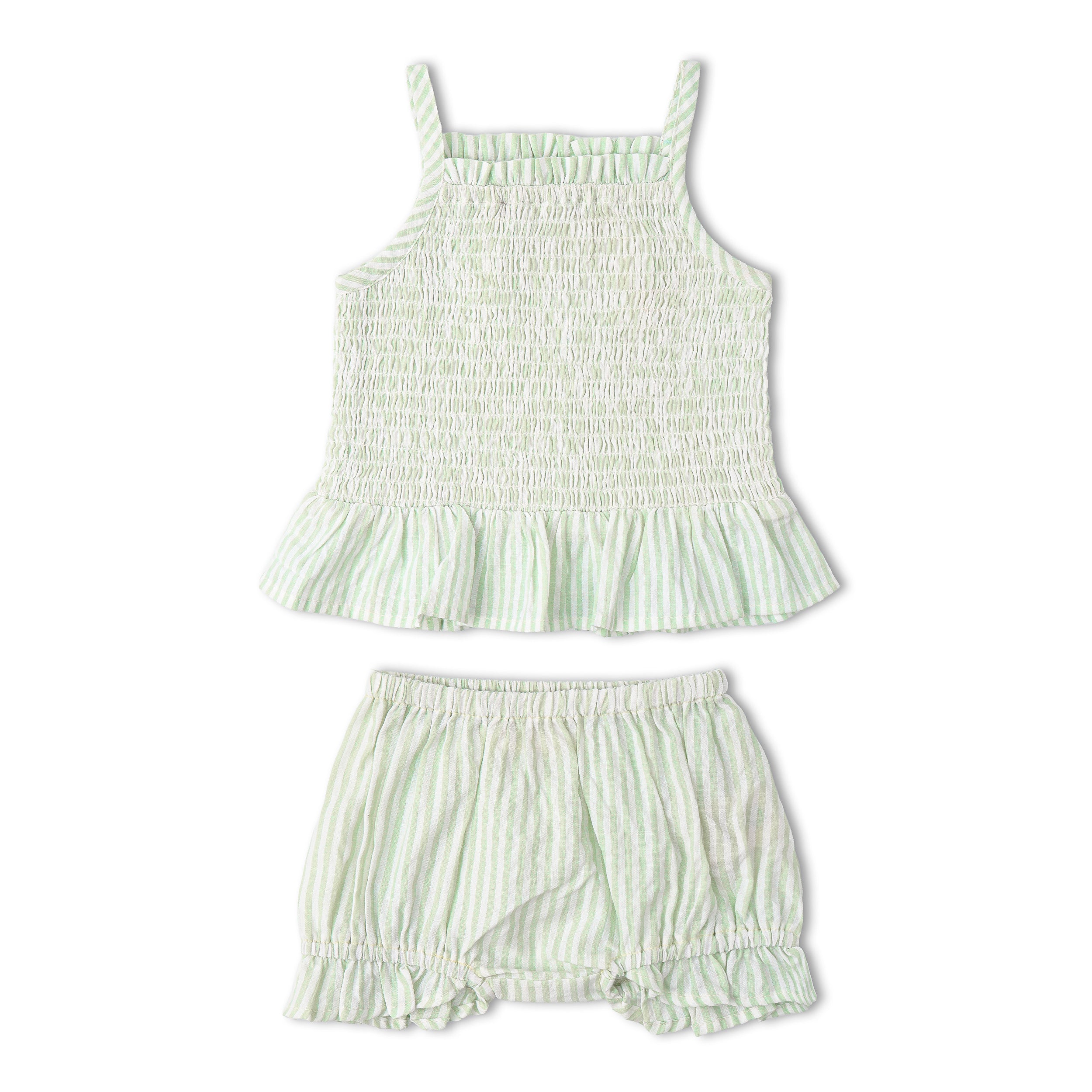 Organic Smocked Top And Bloomer Set - Basil Stripes - Makemake Organics