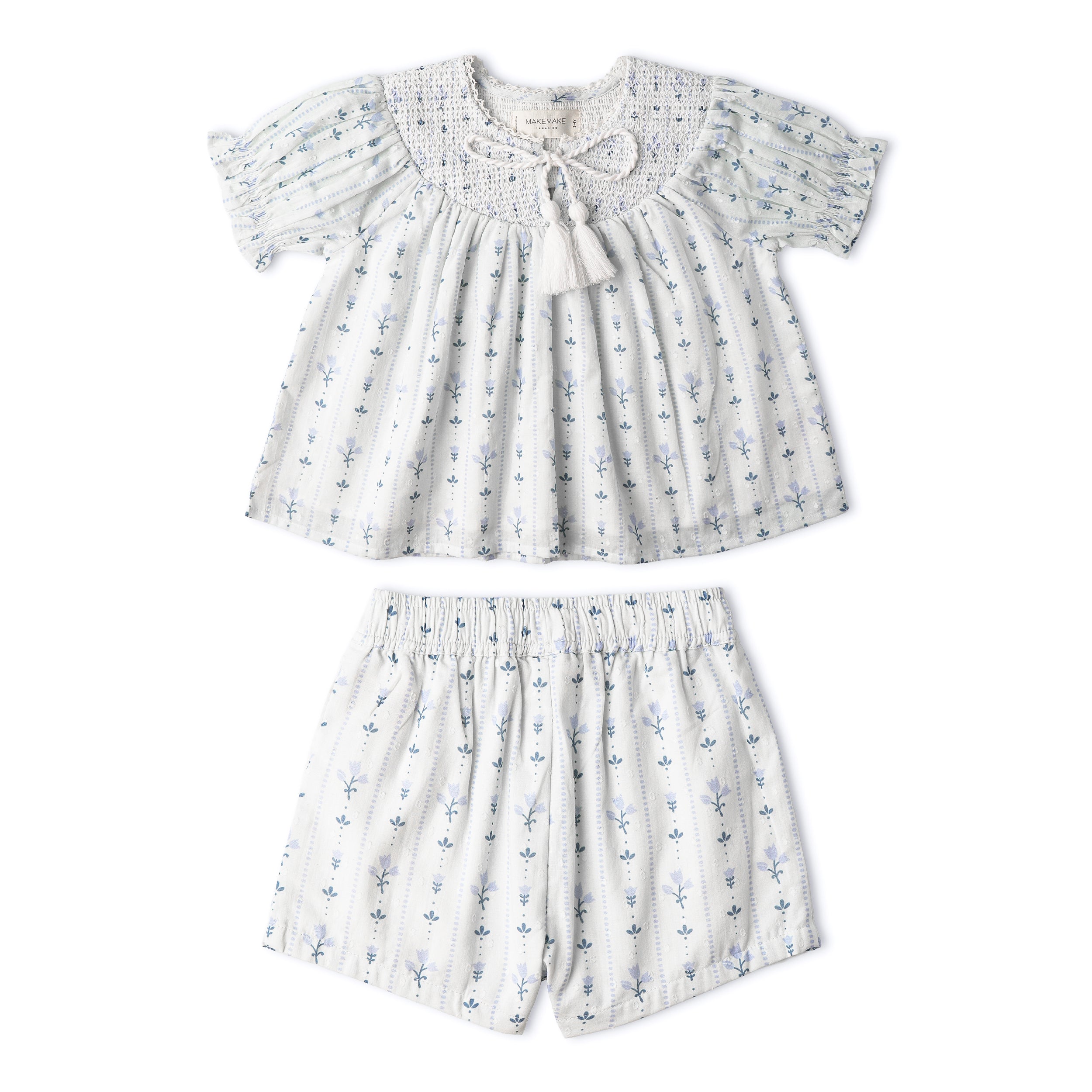 Organic Smocked Top & Shorts Set - Blue Vines - Makemake Organics