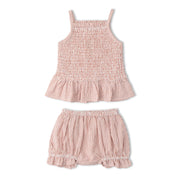 Organic Smocked Top And Bloomer Set - Coral Stripes - Makemake Organics