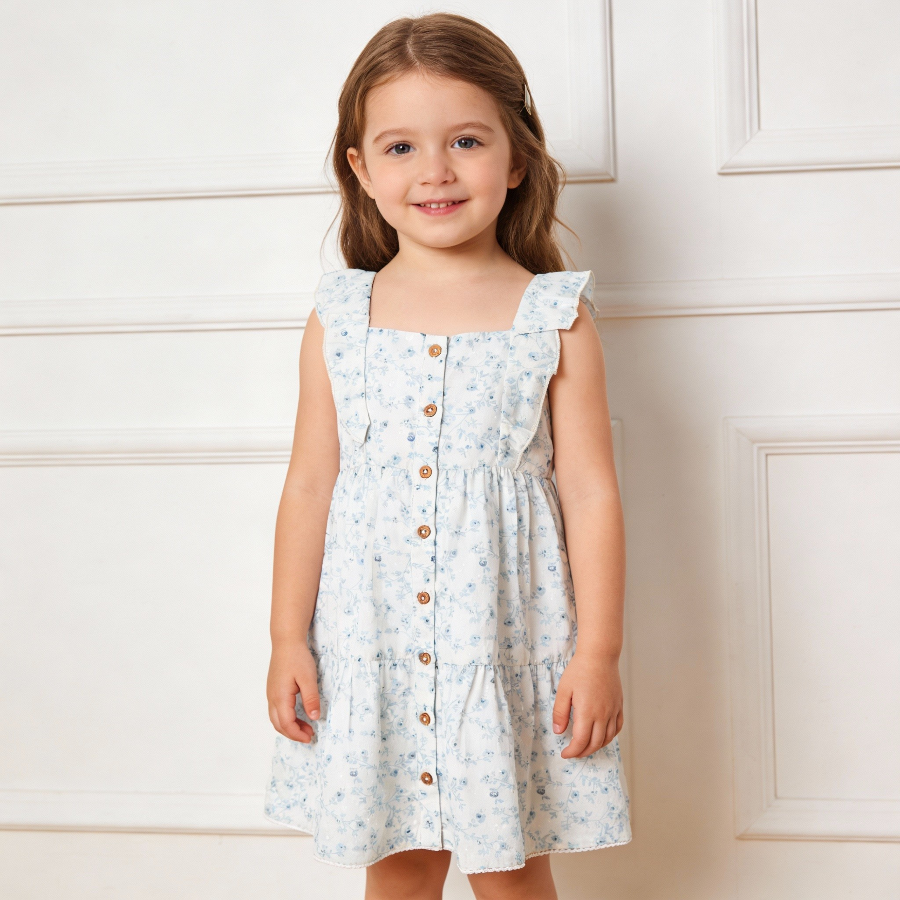 Organic Flutter Buttoned Tiered Dress - Ivy Floral - Makemake Organics