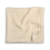 Organic Baby Blanket Muslin- Oat + Ivory Lace - Makemake Organics