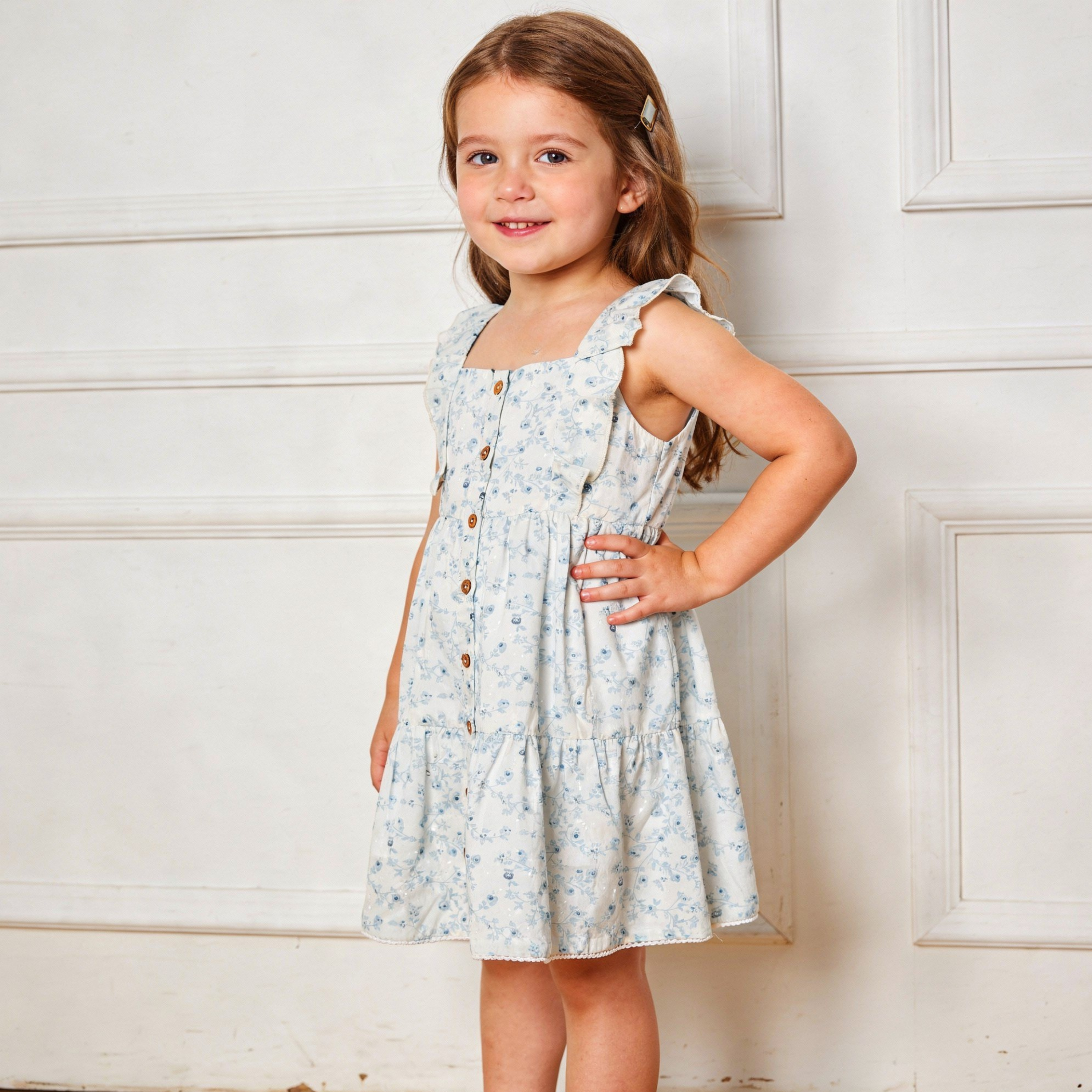 Organic Flutter Buttoned Tiered Dress - Ivy Floral - Makemake Organics