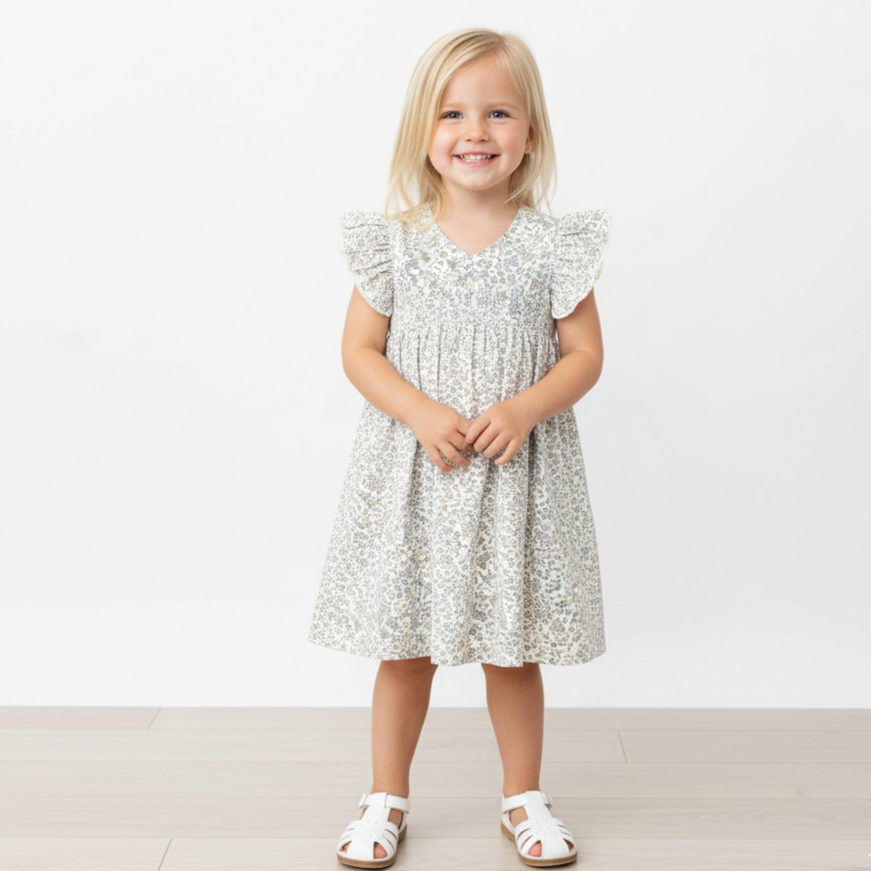 Organic Short Sleeve Flutter Dress - Tulle Floral - Makemake Organics