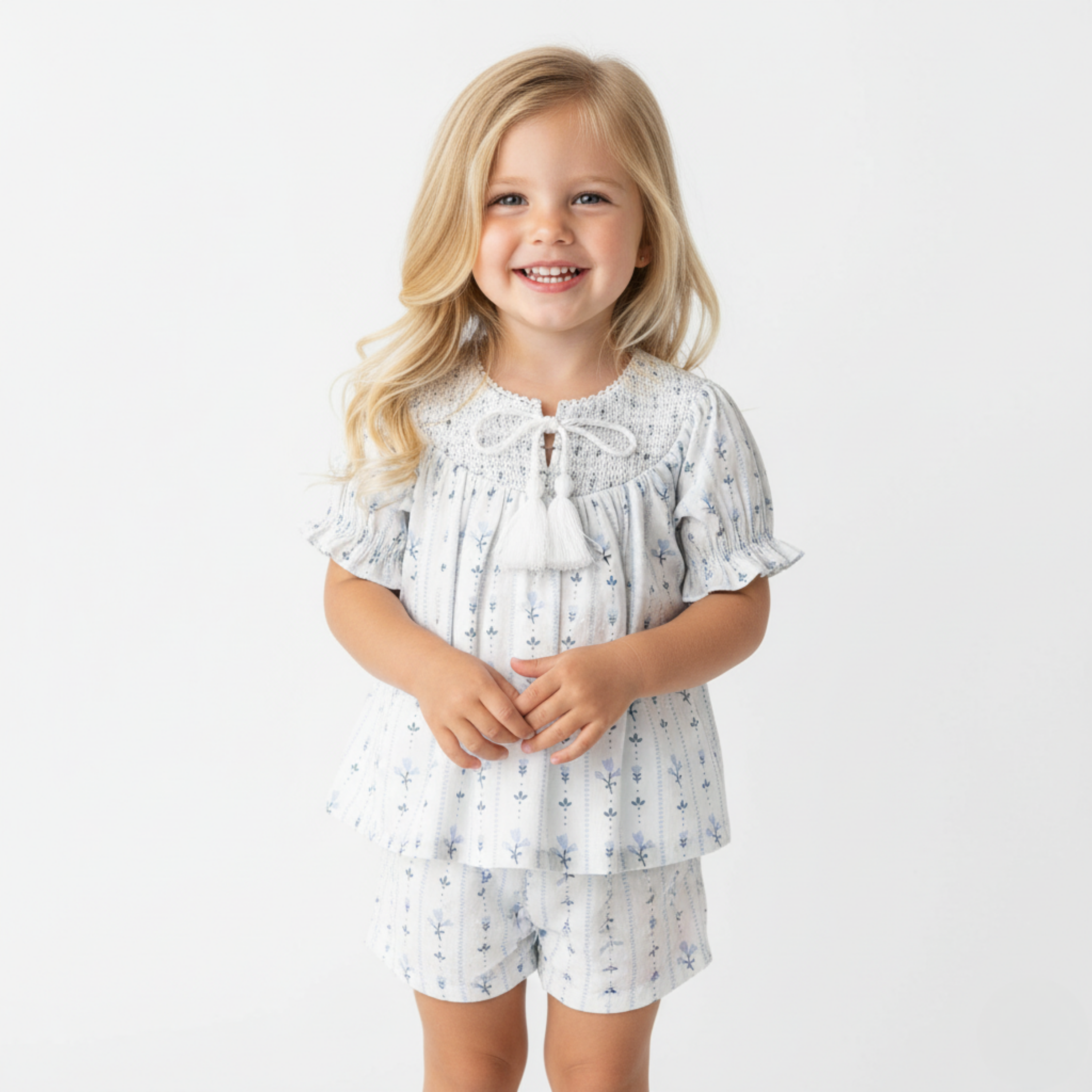 Organic Smocked Top & Shorts Set - Blue Vines - Makemake Organics