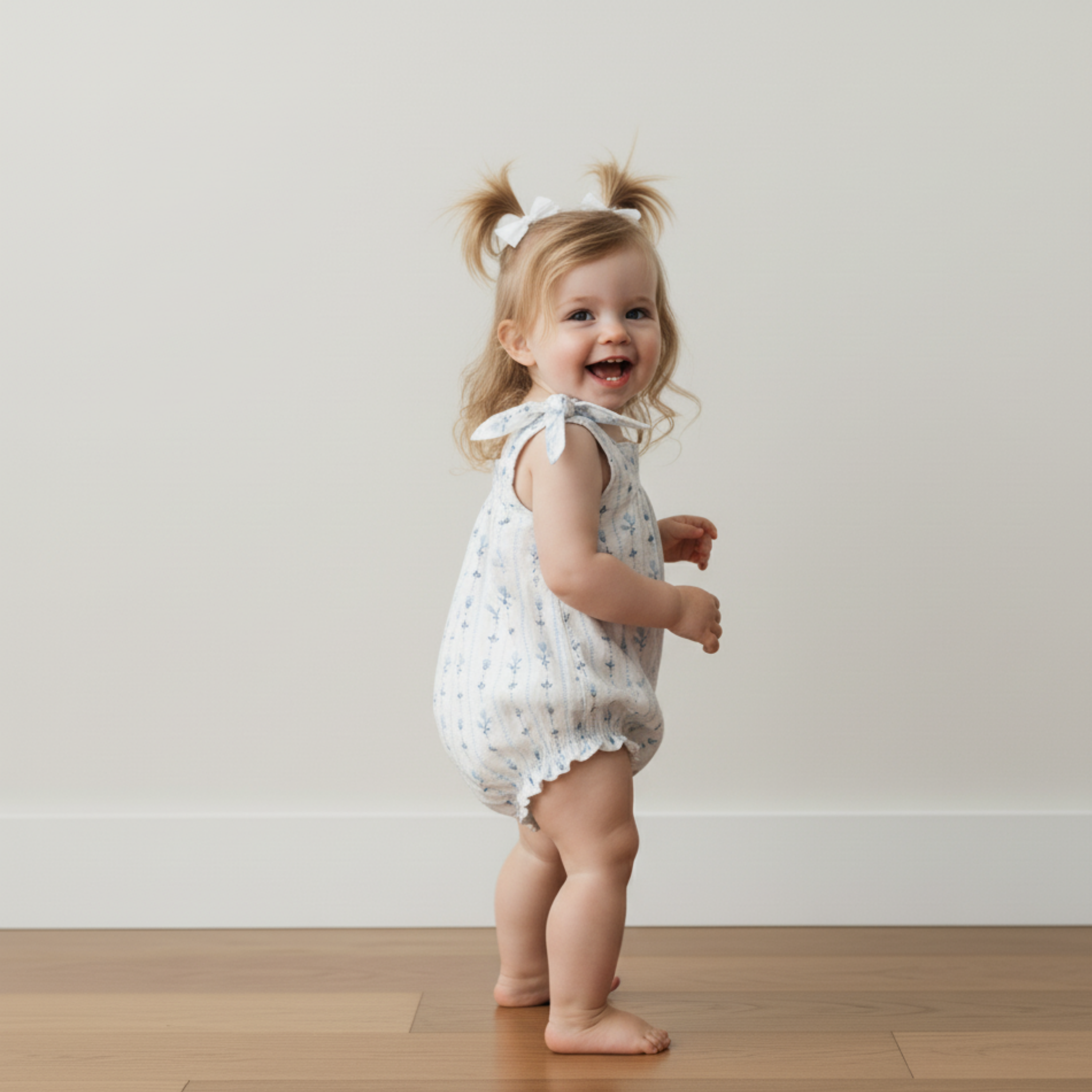 Organic Tie Shoulder Bubble Romper - Blue Vines - Makemake Organics
