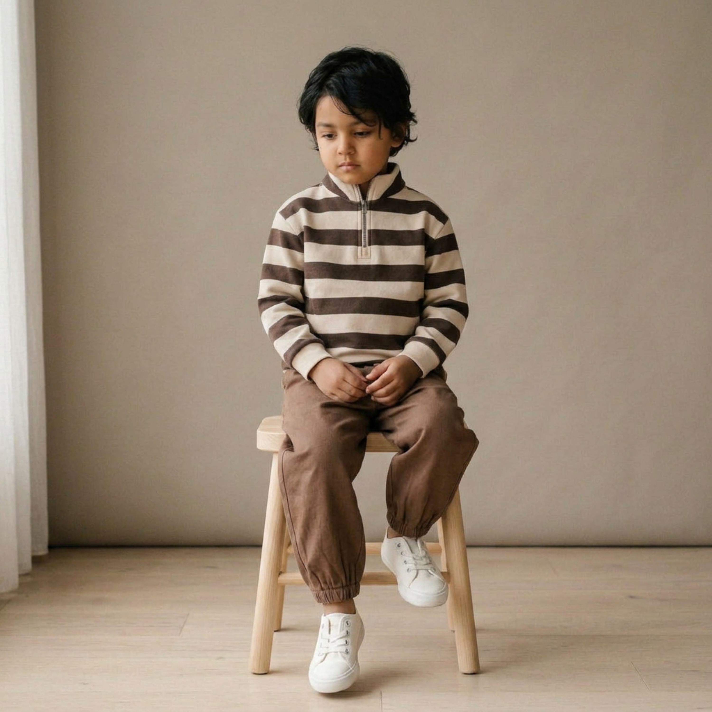 Organic Fleece Half Zip Sweatshirt - Mocha Stripe