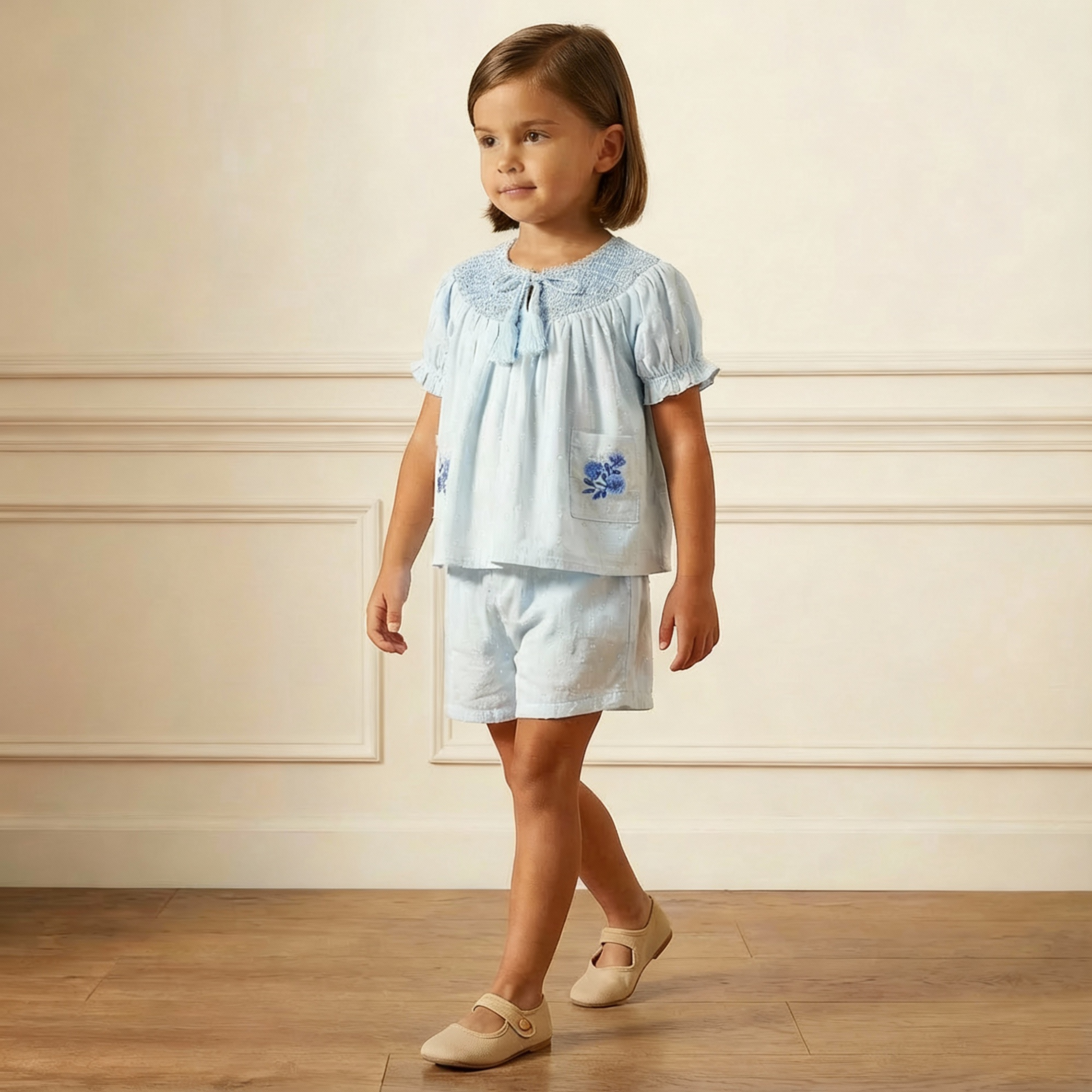 Organic Smocked Top & Shorts Set - Light Blue - Makemake Organics