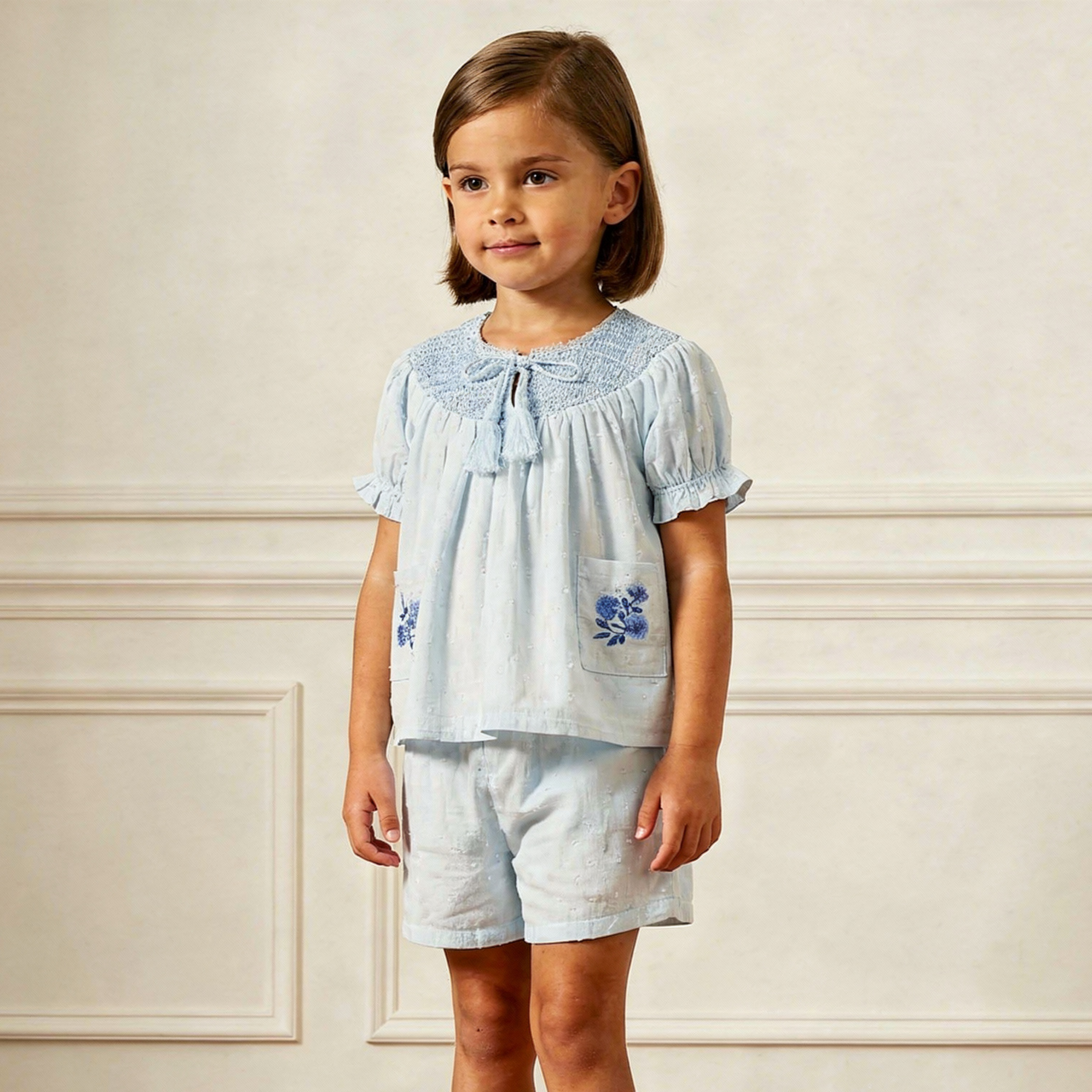 Organic Smocked Top & Shorts Set - Light Blue - Makemake Organics