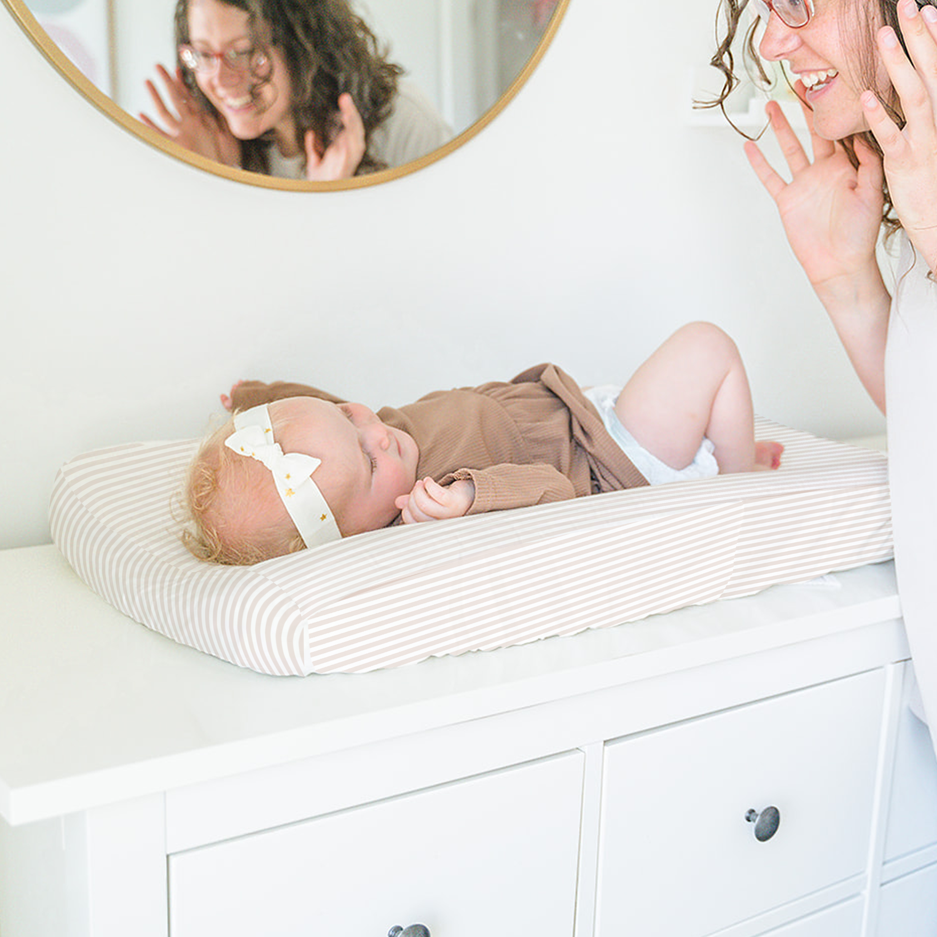 Organic Changing Pad Cover - Beige Stripes - Makemake Organics