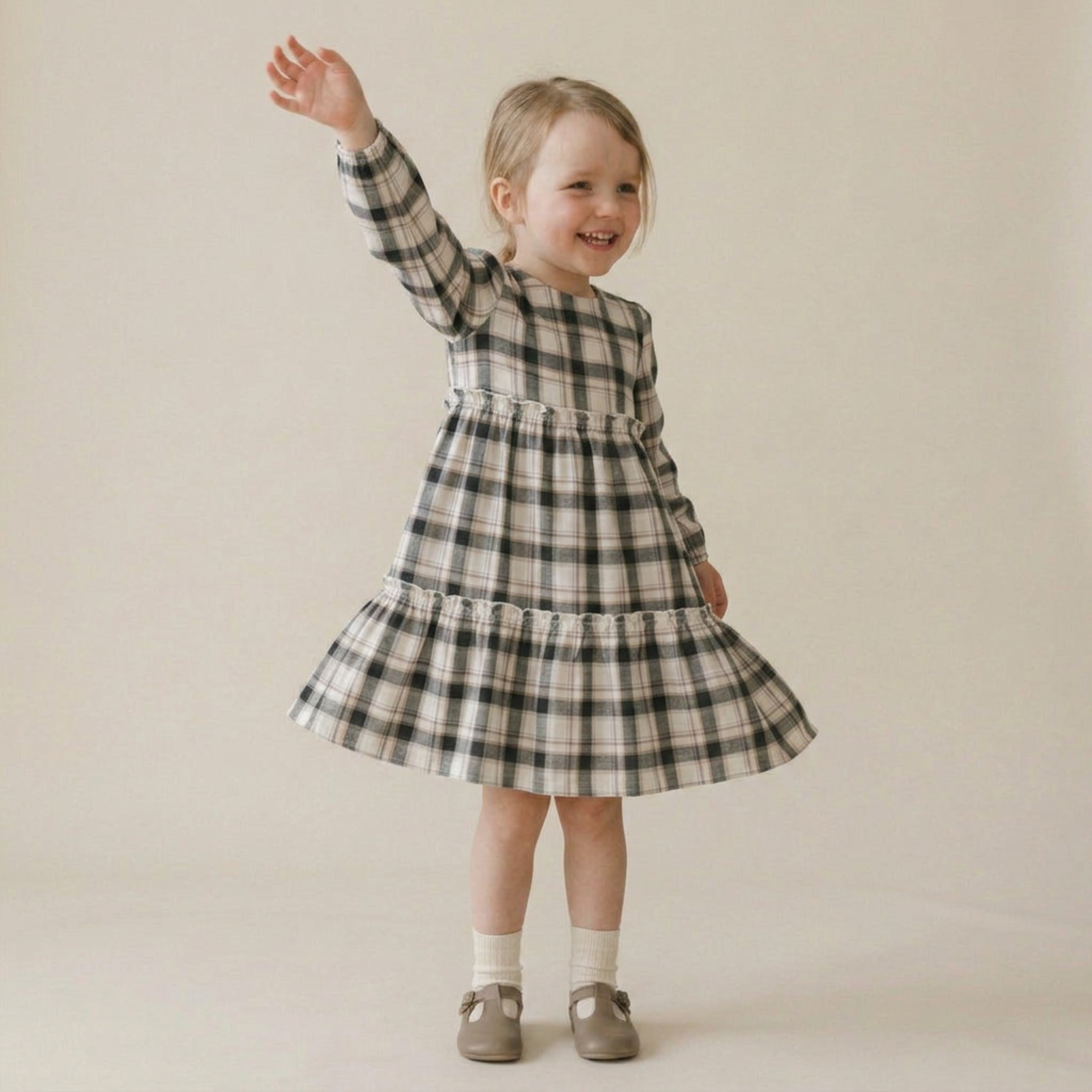Organic Long Sleeve Tiered Dress - Plaid Checks - Makemake Organics