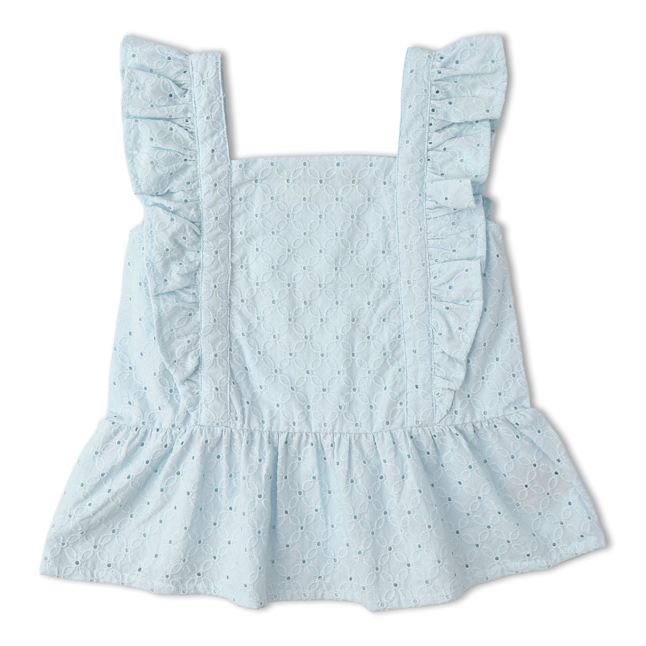 Organic Eyelet Flutter Top And Shorts Set - Light Blue Eyelet - Makemake Organics