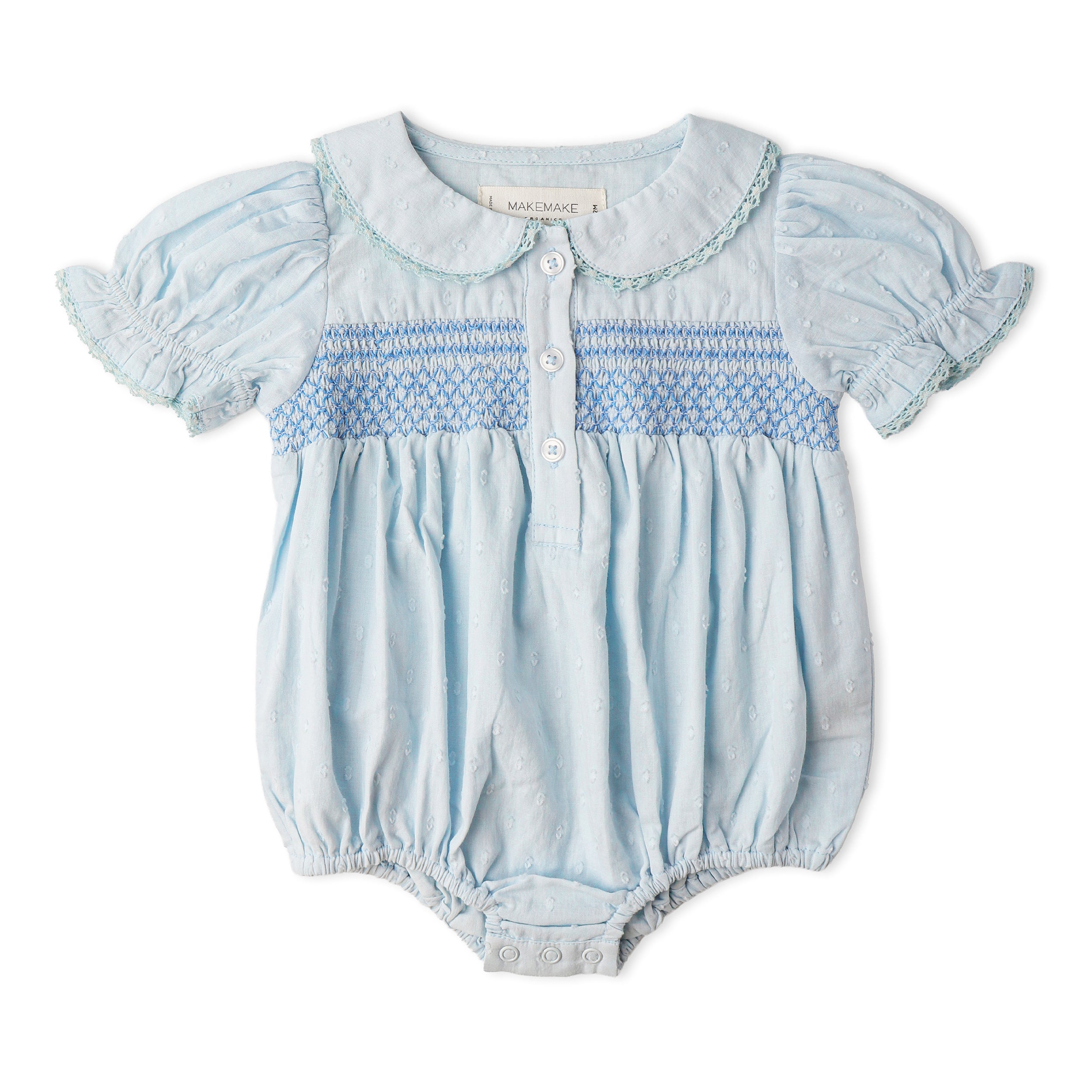 Organic Smocked Button Romper - Light Blue - Makemake Organics