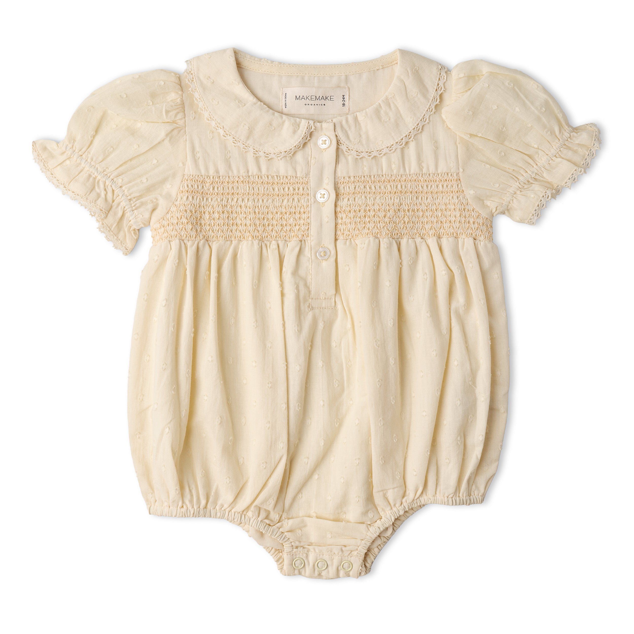 Organic Smocked Button Romper - Butter Yellow - Makemake Organics