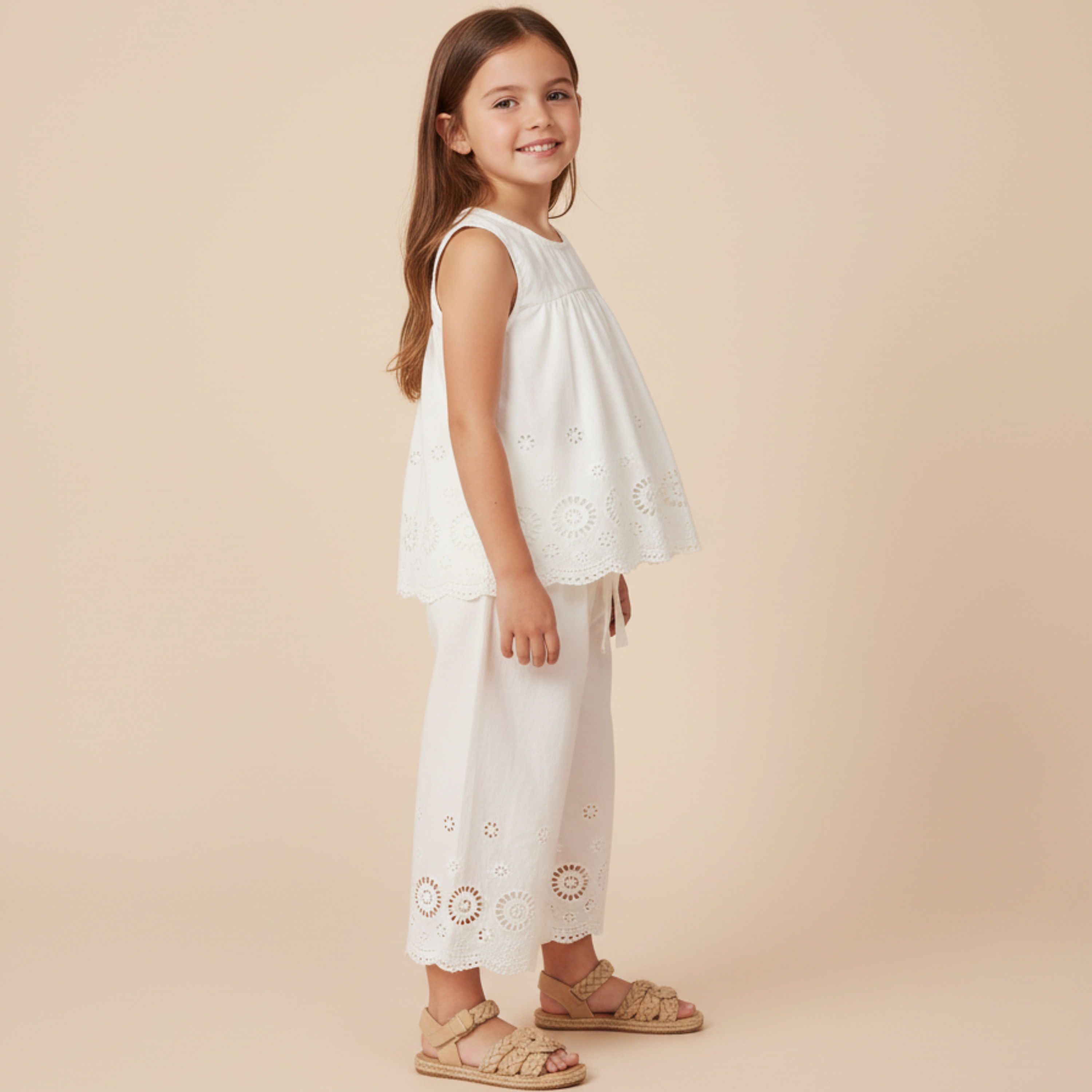 Organic Eyelet Top And Pant Set - Ivory Eyelet - Makemake Organics
