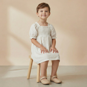 Organic Eyelet Bubble Sleeve Dress - Ivory Eyelet - Makemake Organics