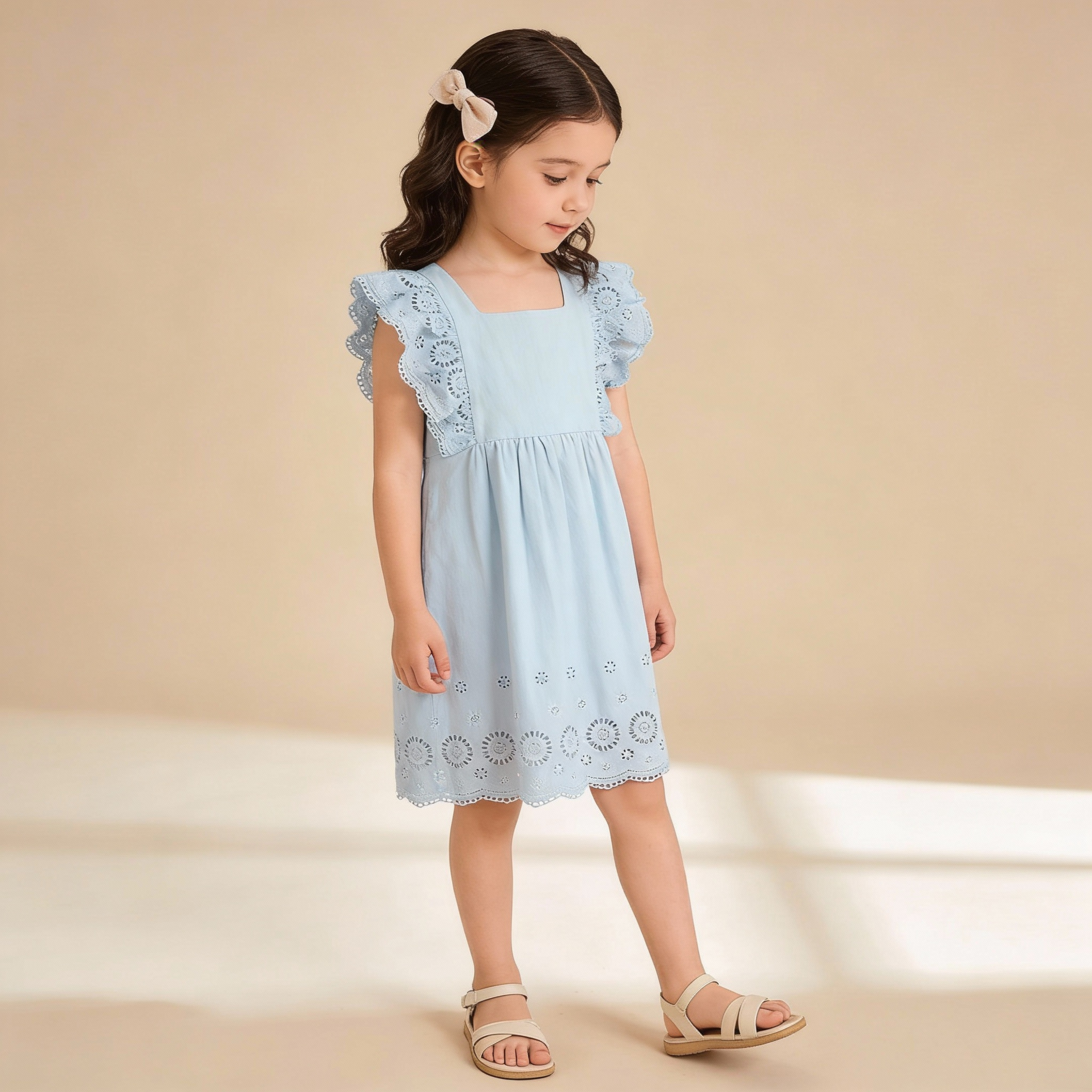 Organic Eyelet Flutter Dress - Light Blue Eyelet - Makemake Organics