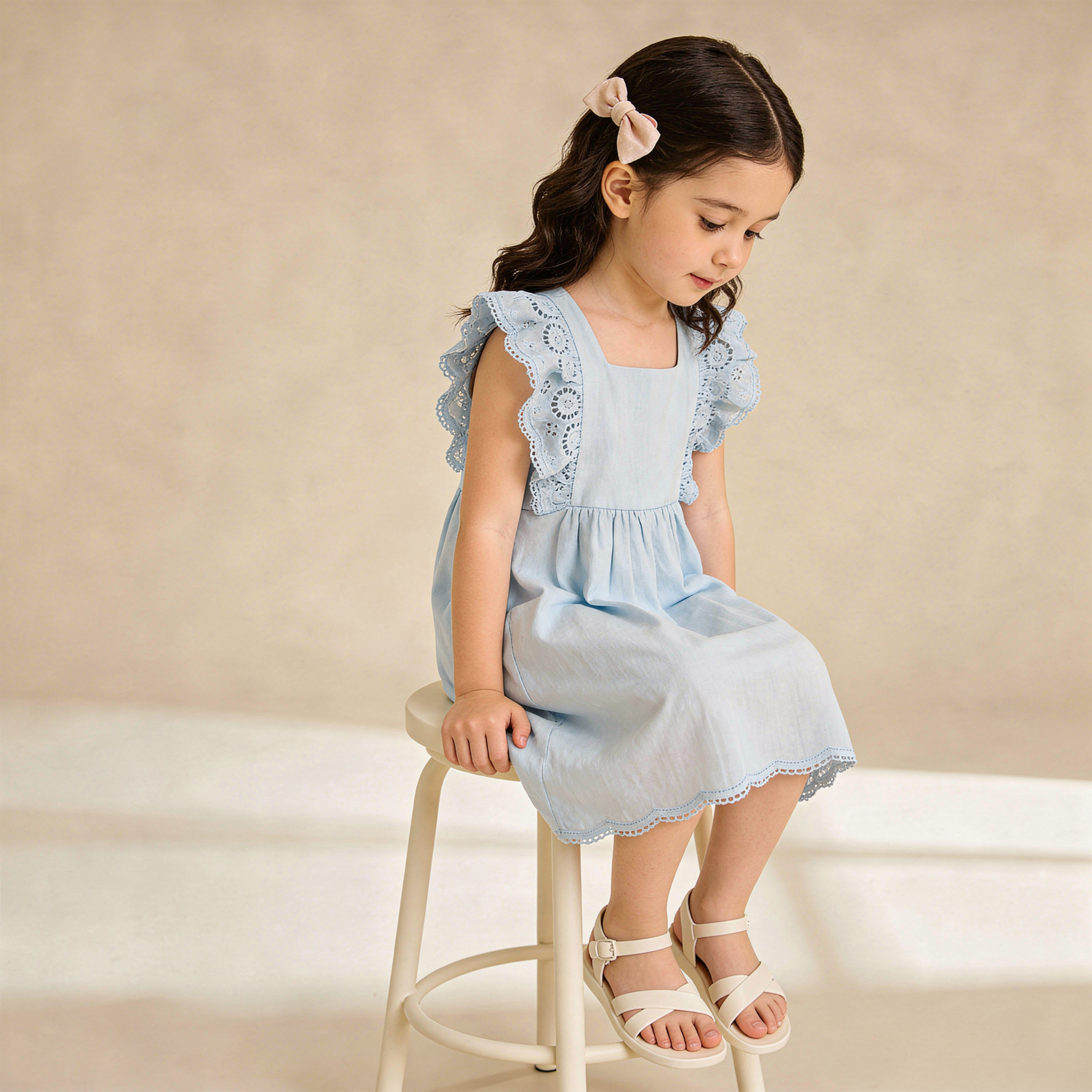Organic Eyelet Flutter Dress - Light Blue Eyelet - Makemake Organics