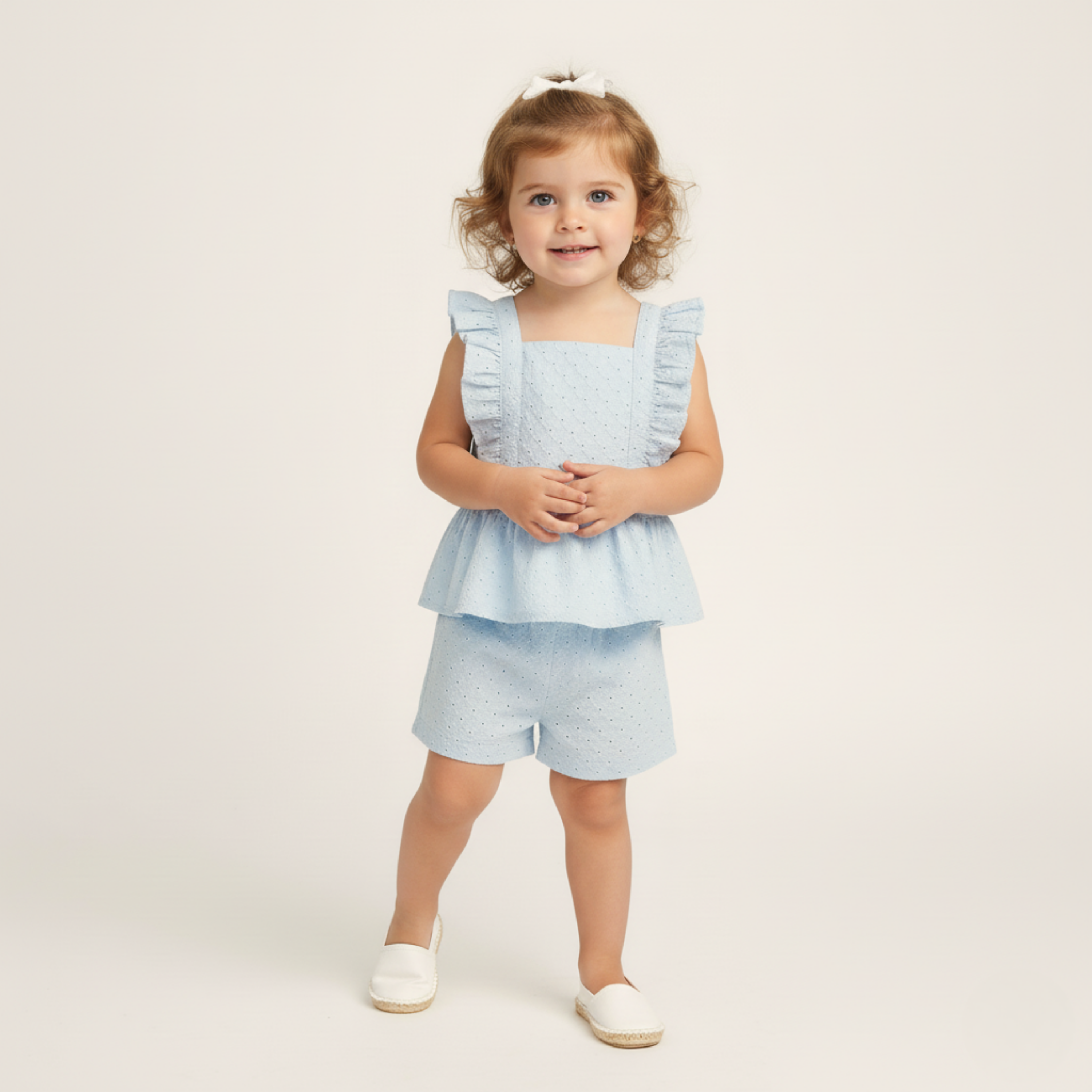 Organic Eyelet Flutter Top And Shorts Set - Light Blue Eyelet - Makemake Organics