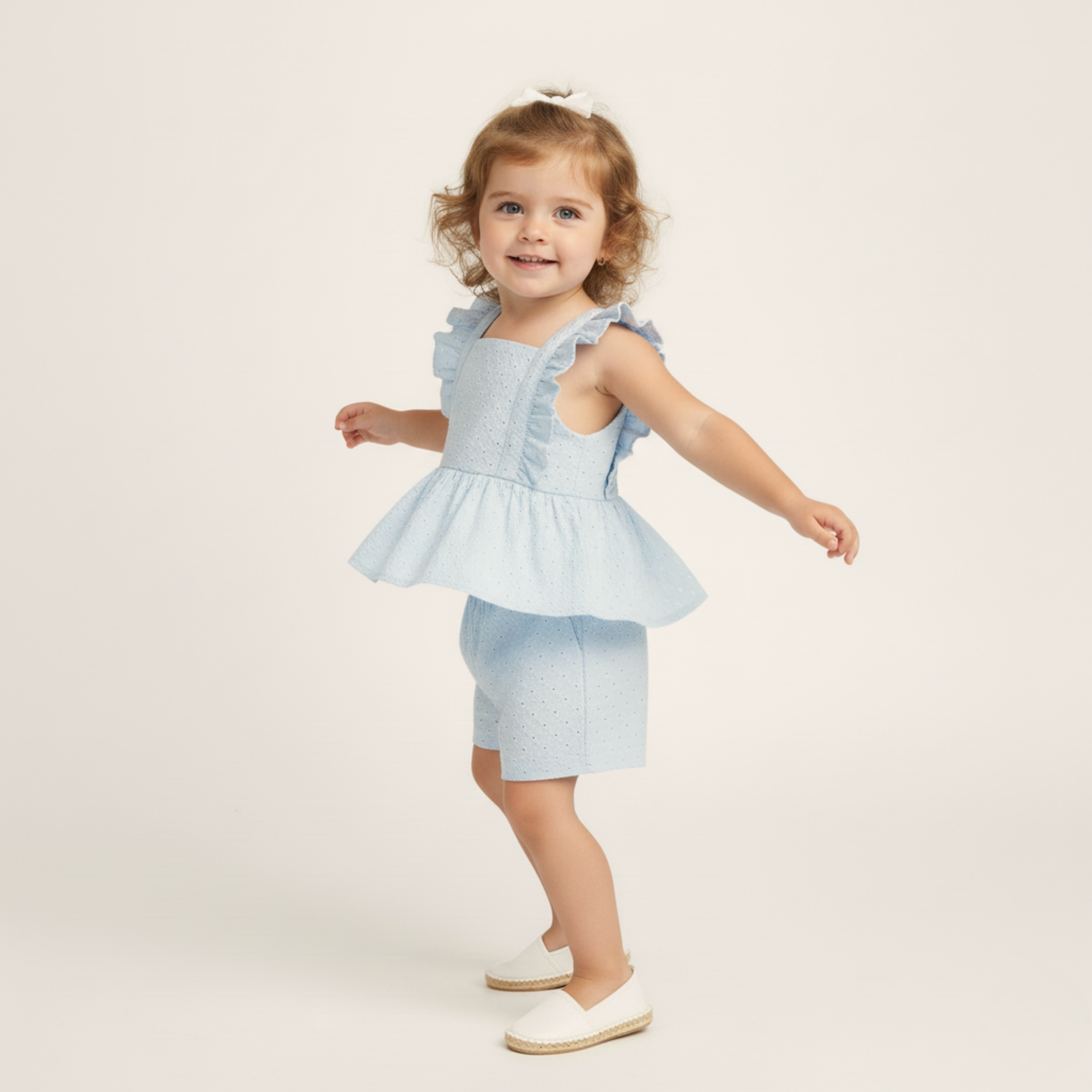 Organic Eyelet Flutter Top And Shorts Set - Light Blue Eyelet - Makemake Organics