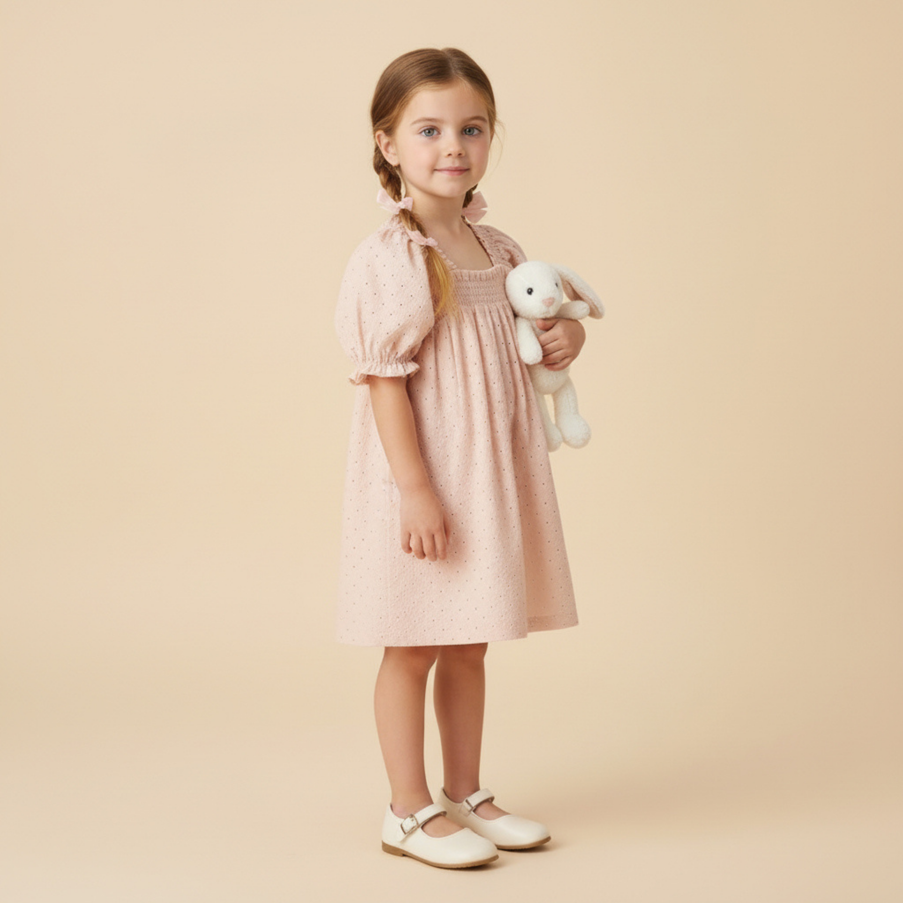 Organic Eyelet Bubble Sleeve Dress - Blush Eyelet - Makemake Organics
