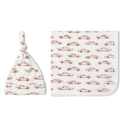 Organic Swaddle Blanket & Hat Set - Cars - Makemake Organics