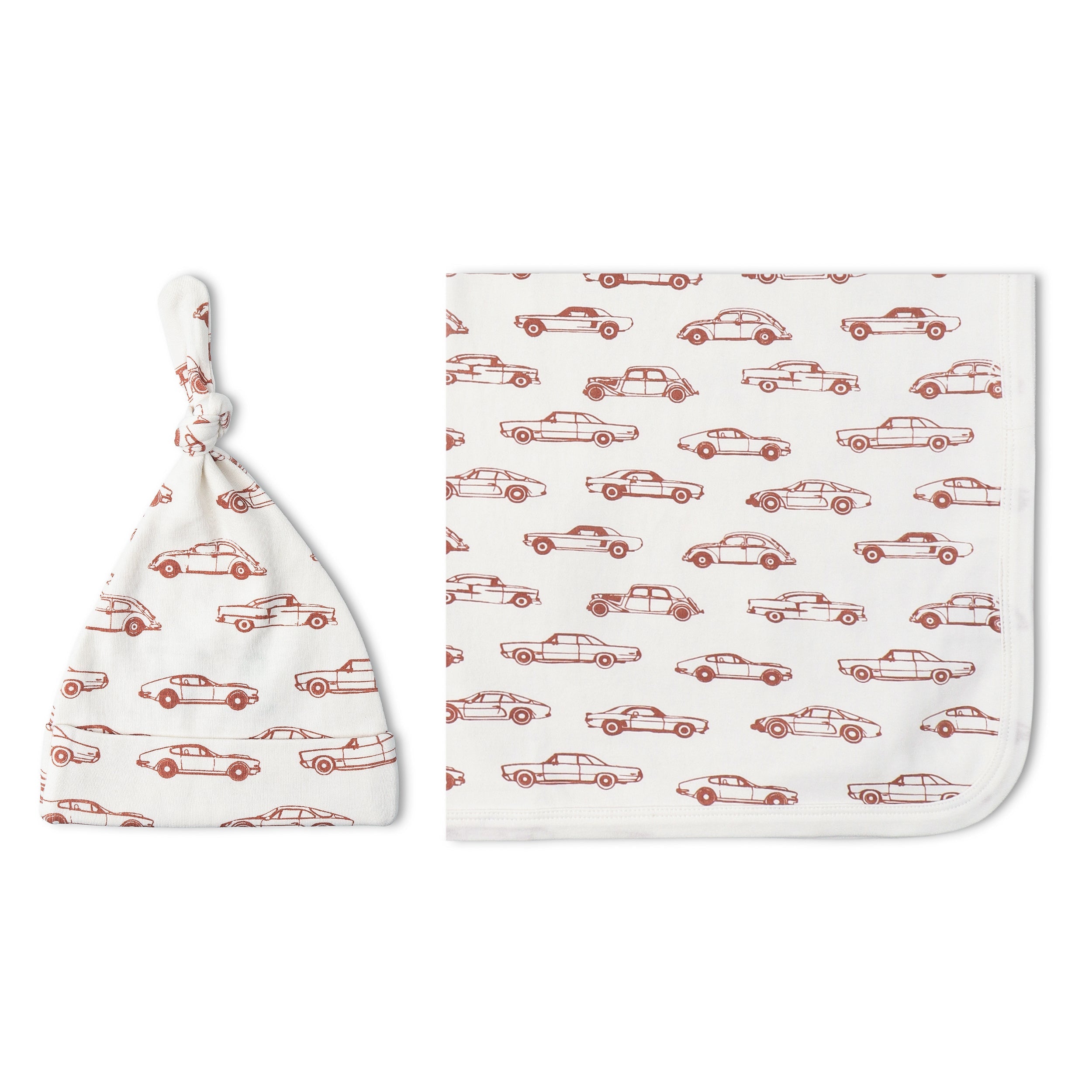 Organic Swaddle Blanket & Hat Set - Cars - Makemake Organics