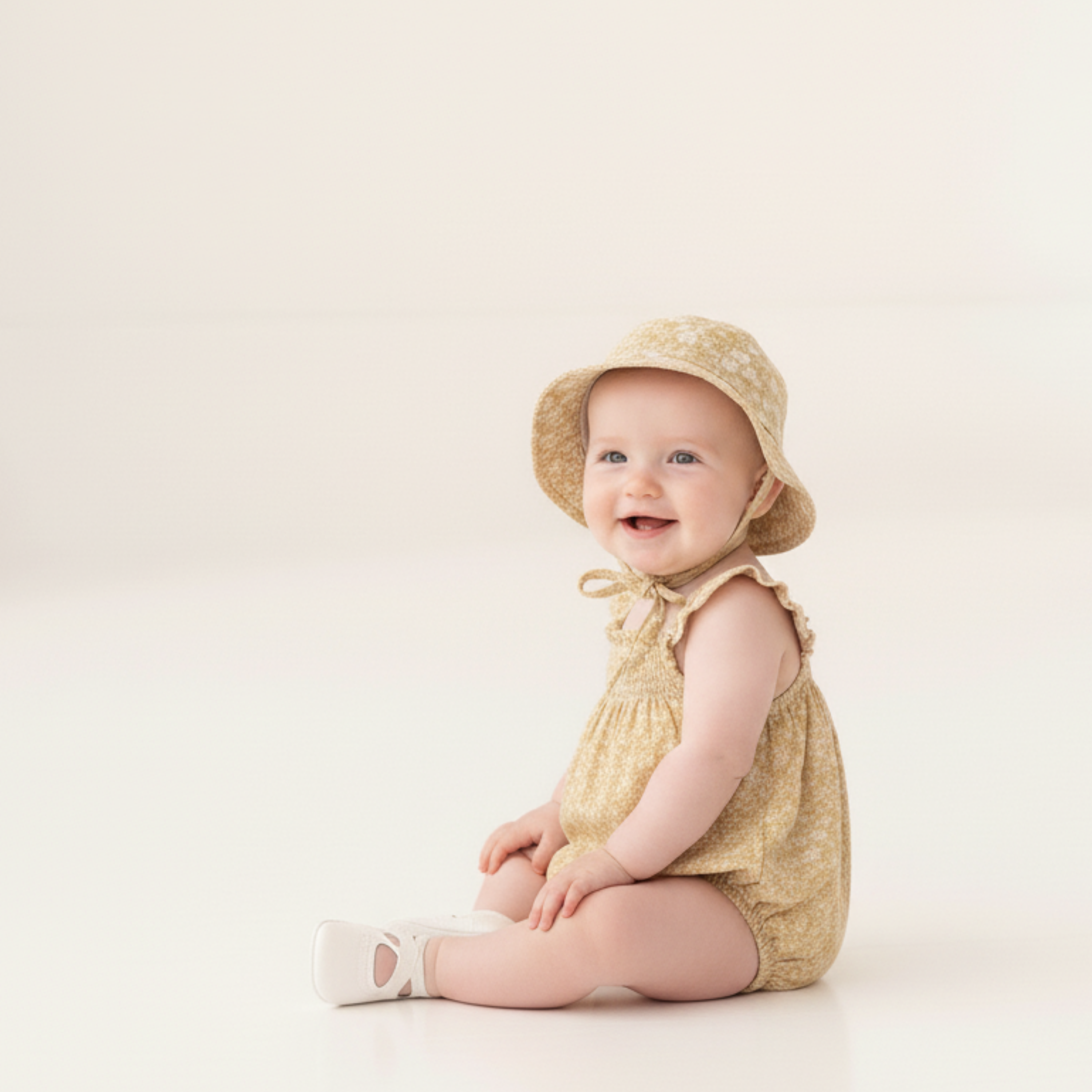 Organic Ruffle Sleeve Bubble Romper - Yellow Blossom - Makemake Organics