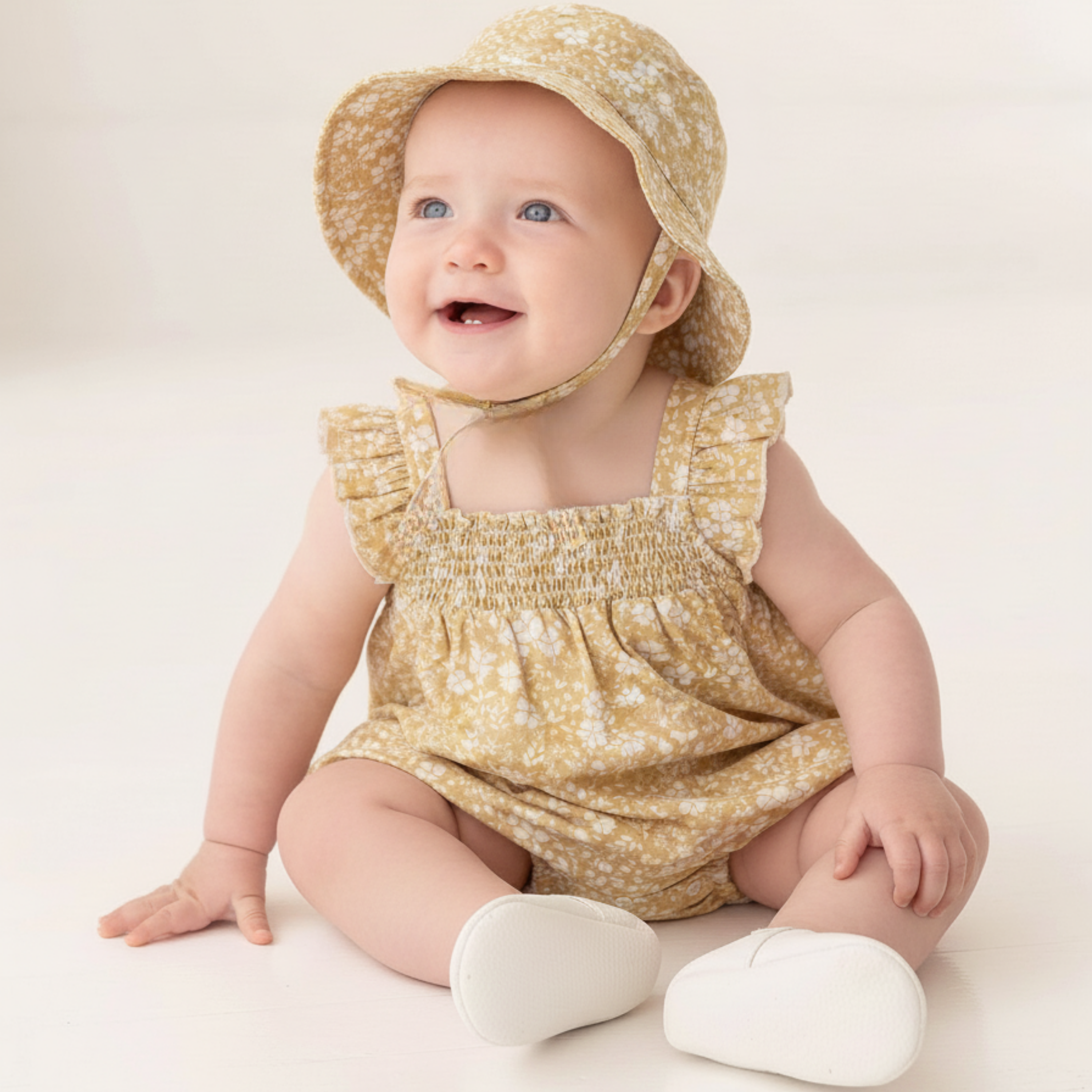 Organic Ruffle Sleeve Bubble Romper - Yellow Blossom - Makemake Organics