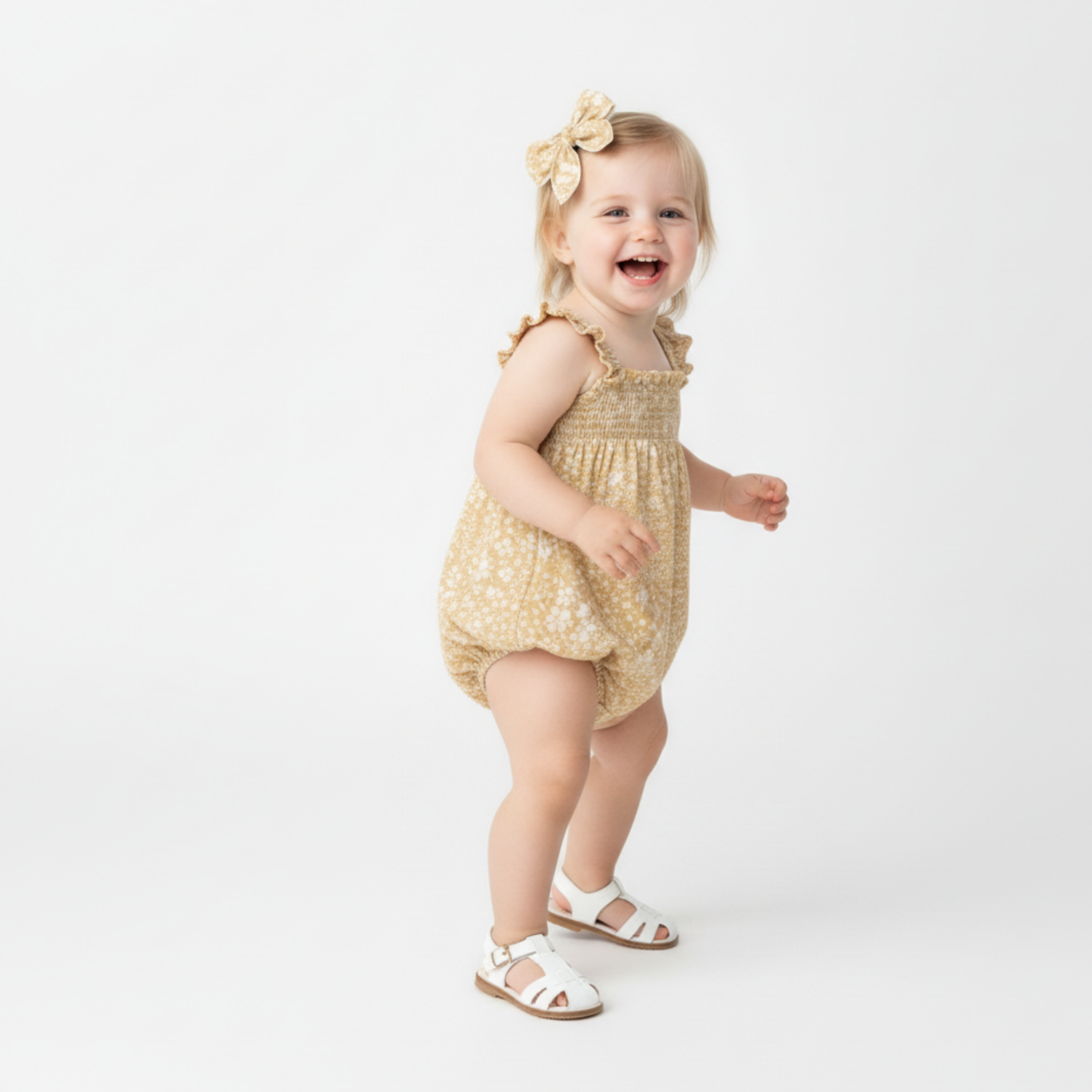 Organic Ruffle Sleeve Bubble Romper - Yellow Blossom - Makemake Organics