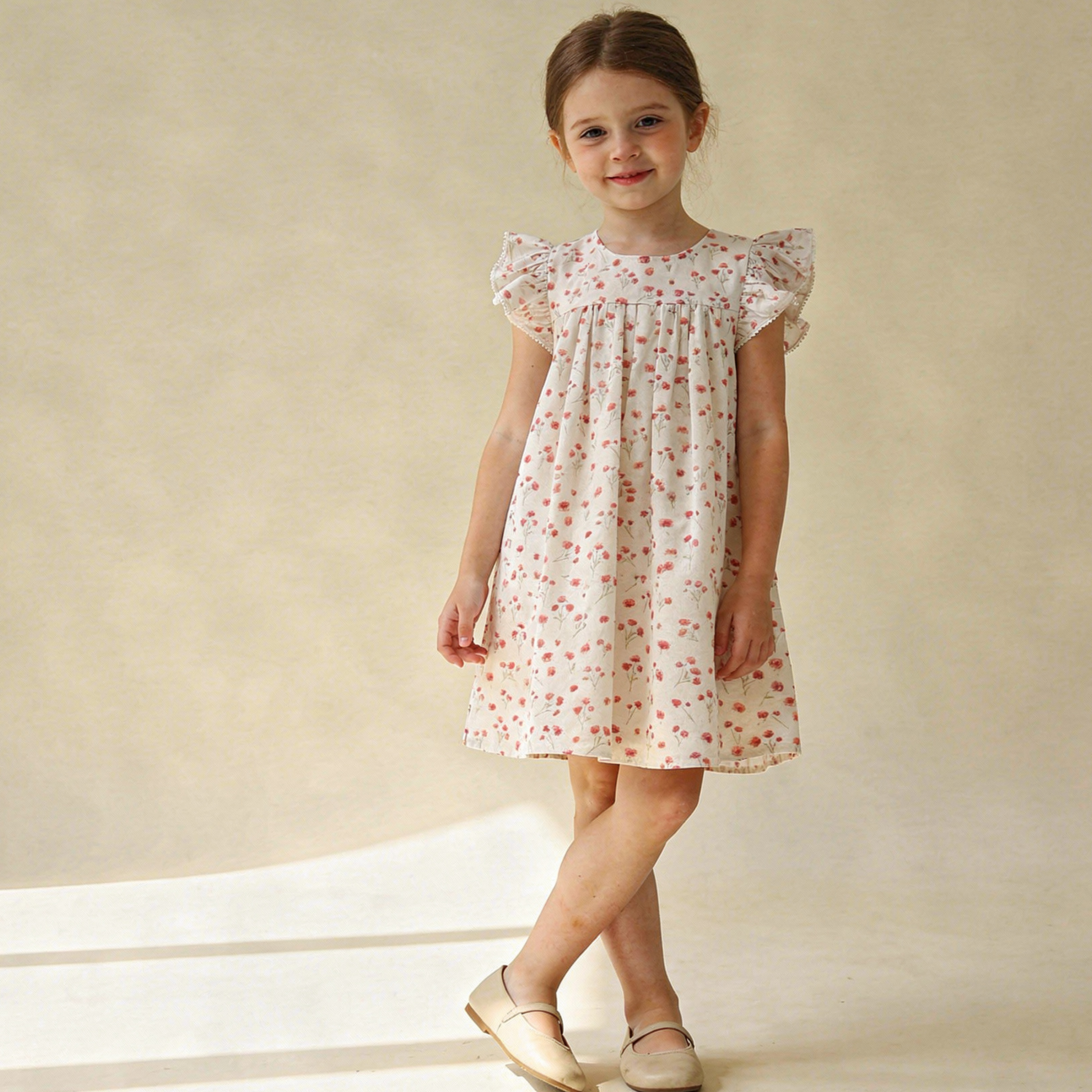 Organic Short Sleeve Flutter Dress - Pink  Bloom - Makemake Organics
