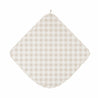 A square-shaped, beige and white checkered potholder with rounded corners and a small fabric loop at one corner, displayed against a white background. 

should be revised to:

An Organic Cotton Hooded Baby Towel & Poncho - Plaid by Makemake Organics displayed against a white background.