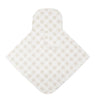 A cream-colored Makemake Organics garment bag with a checkered pattern, displayed open and flat on a white background. it features a handle and a white button closure.