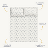 An image of a Makemake Organics Organic Cotton Fitted Sheet Set - Celestial with a pattern of small animals and stars, labeled with features like "gots certified," "plush 300tc sateen," and "ultra soft & breathable." the design highlights comfort and safety features.