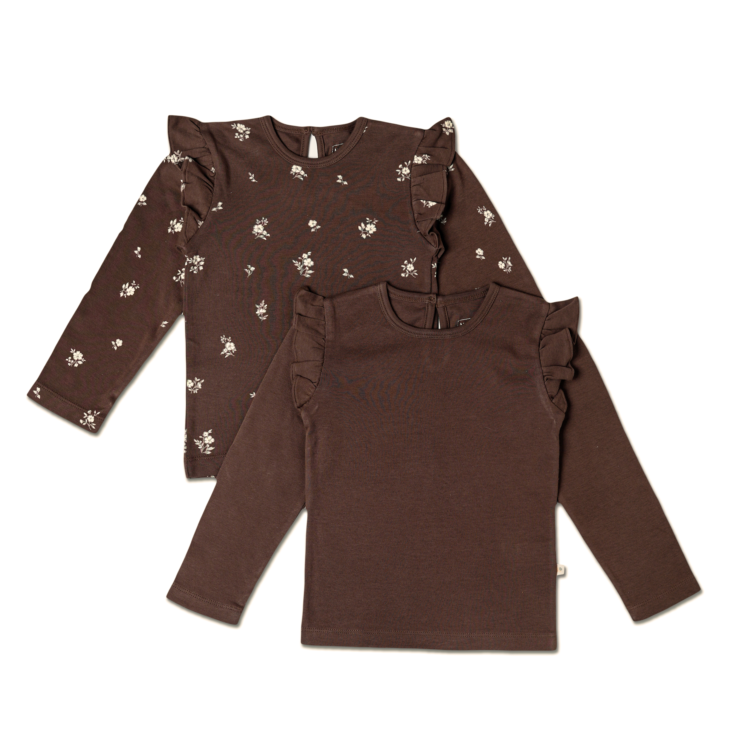 Organic Ruffle Long Sleeve Top Set of 2 - Birch + Dark Brown - Makemake Organics