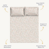 An image of a Makemake Organics Organic Cotton Fitted Sheet Set in Blossom, highlighted with labels such as "plush 300tc sateen," "gots certified," "organic & non-toxic," "ultra soft & breathable," and "snug & secure elastic fit.
