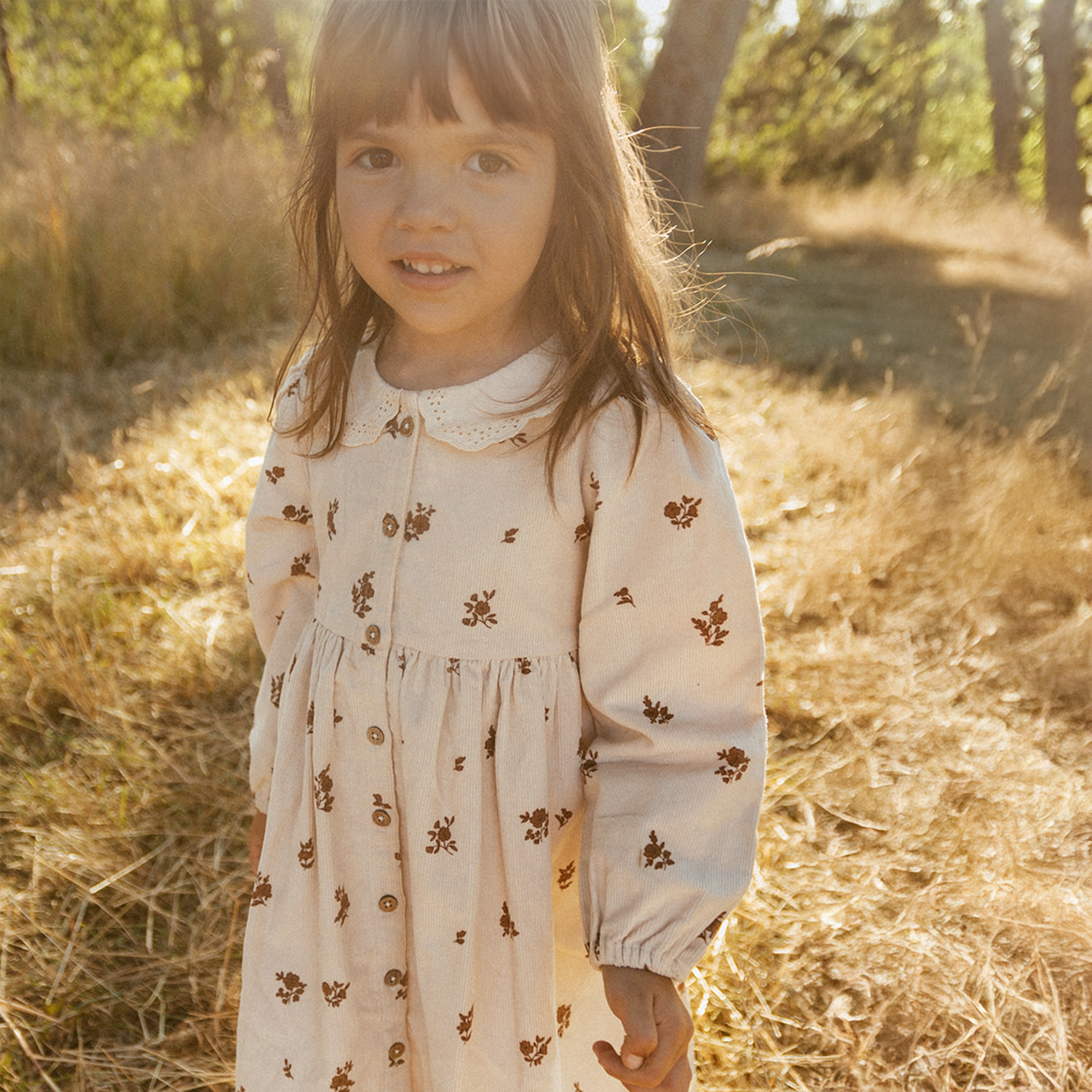 Organic Corduroy Collared Button Dress - Brown Floral - Makemake Organics