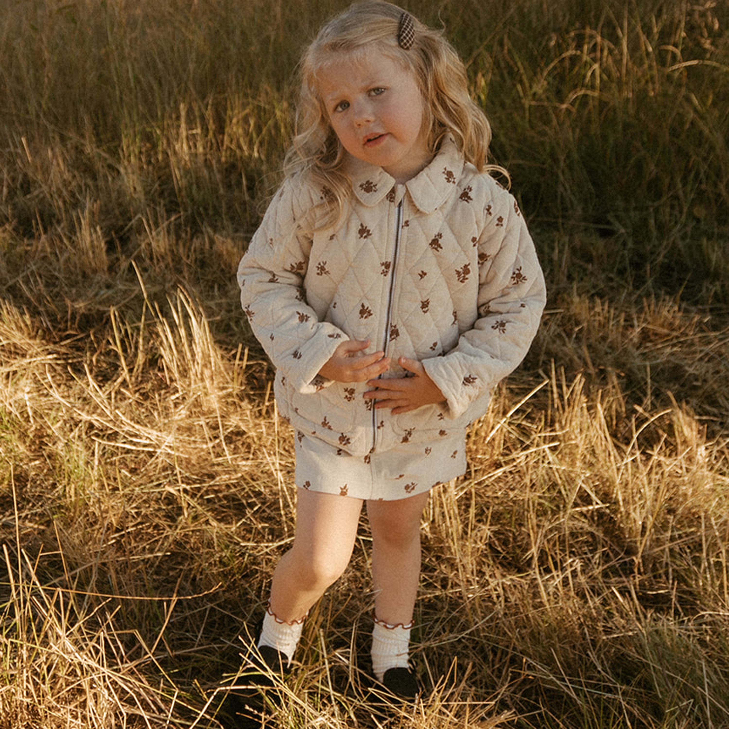 Organic Quilted Corduroy Zipper Jacket - Brown Floral - Makemake Organics