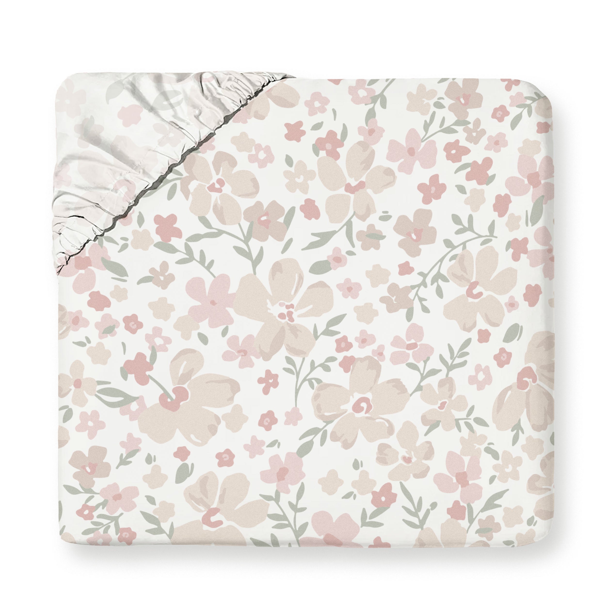 A soft, square comforter with a delicate floral pattern in shades of pink and green, slightly wrinkled on the top left corner, displaying a cozy and inviting appearance. This is the Organic Cotton Fitted Sheet Set - Blossom from Makemake Organics.