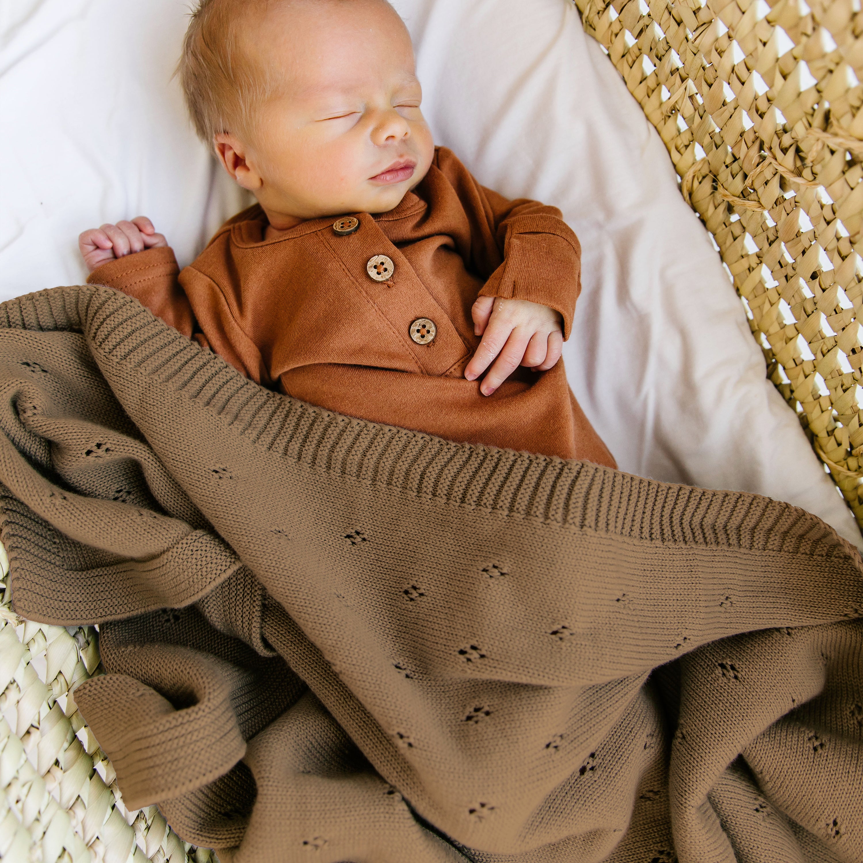 Organic Cotton Pointelle Baby Knit  Blanket - Brown - Makemake Organics