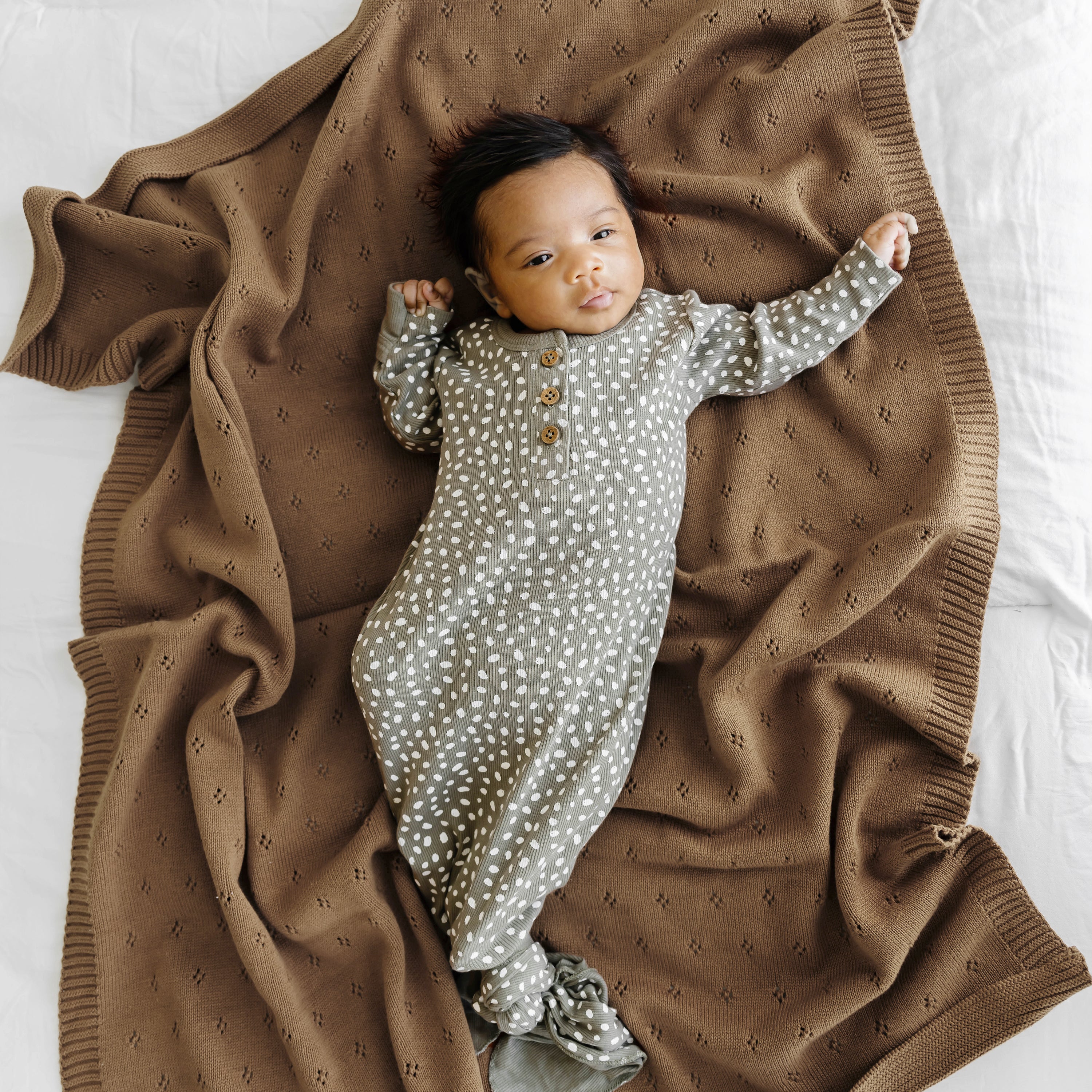 Organic Cotton Pointelle Baby Knit  Blanket - Brown - Makemake Organics