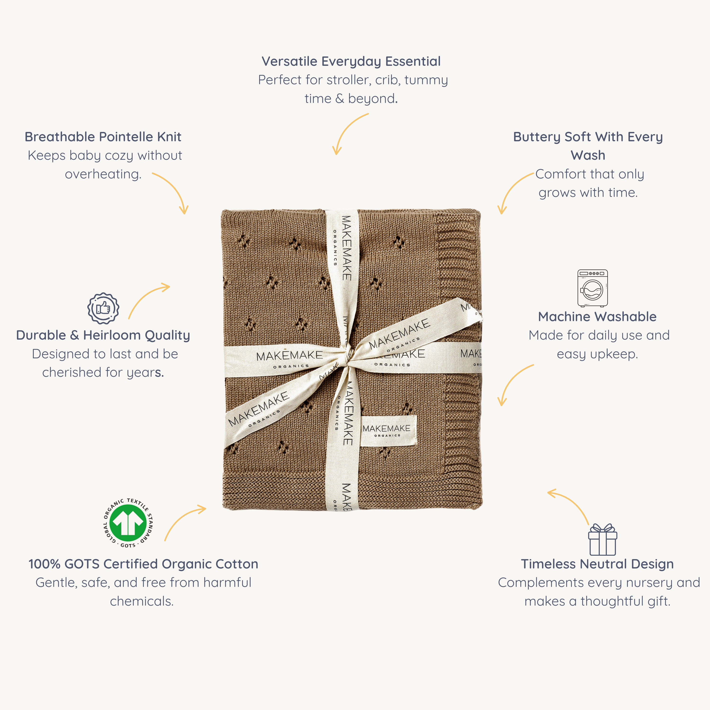 Organic Cotton Pointelle Baby Knit  Blanket - Brown - Makemake Organics