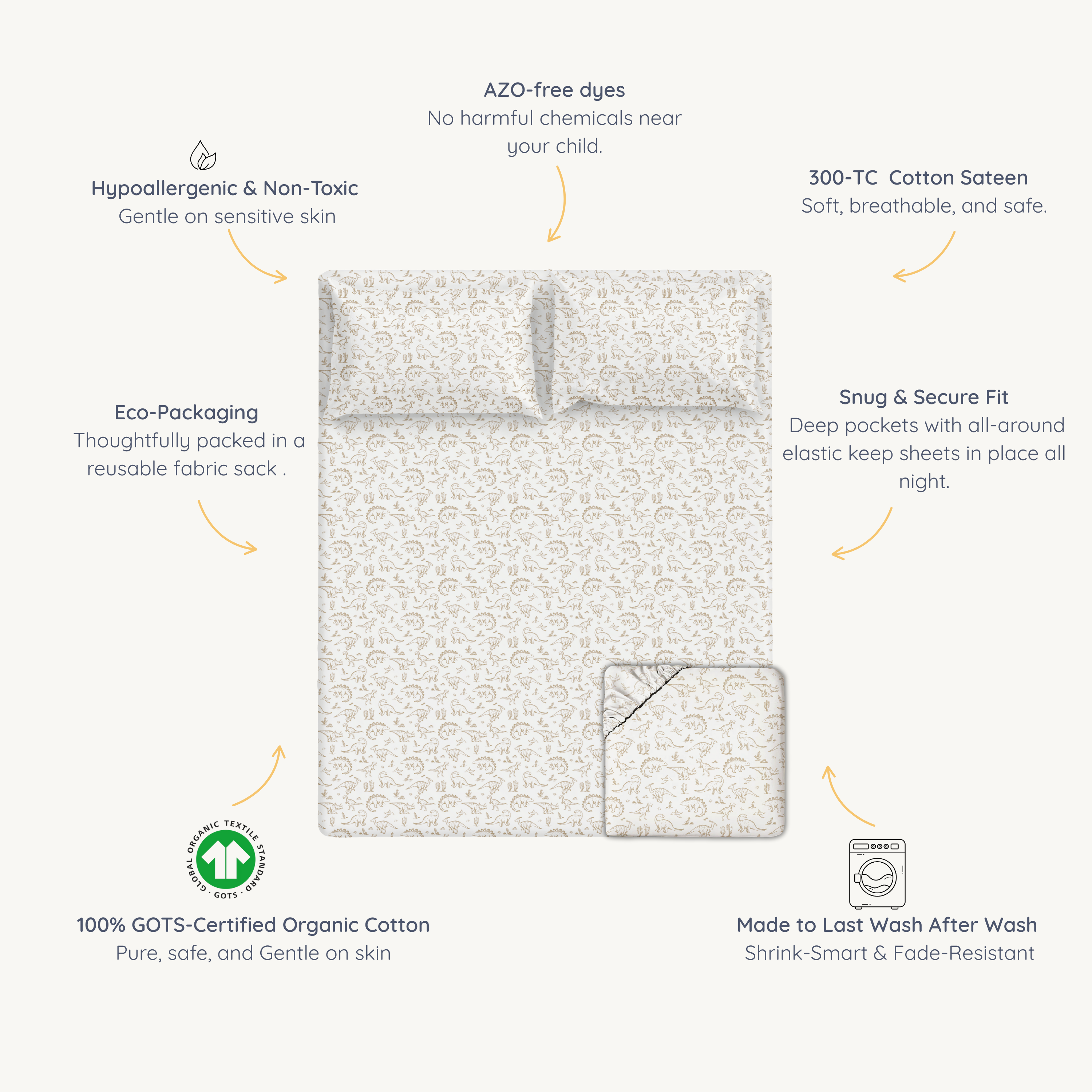 Organic Kids Fitted Sheet - Dino Dreams (Open Box) - Makemake Organics