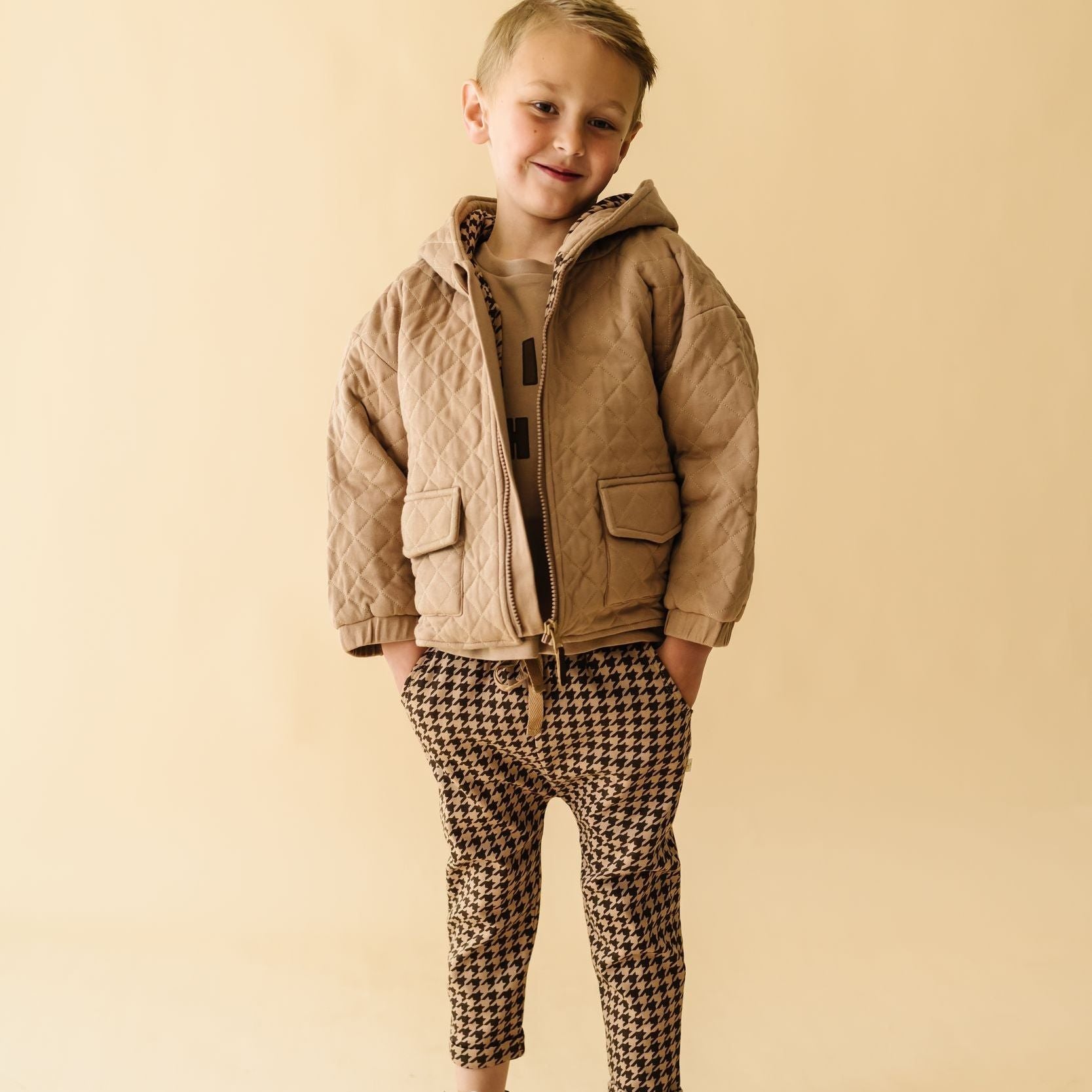 Organic Quilted Hooded Jacket - Taupe - Makemake Organics