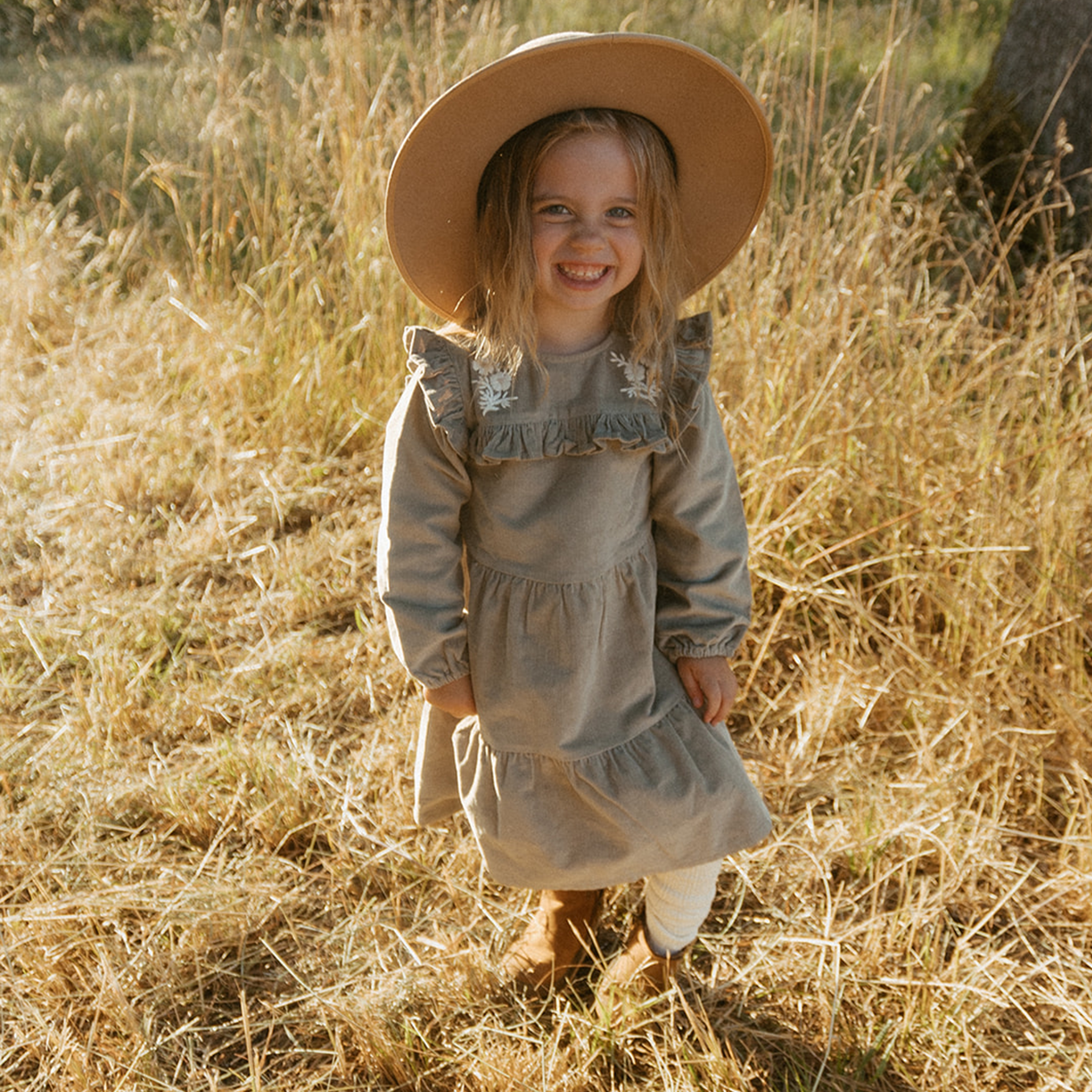 Organic Embroidered Corduroy Dress - Olive - Makemake Organics
