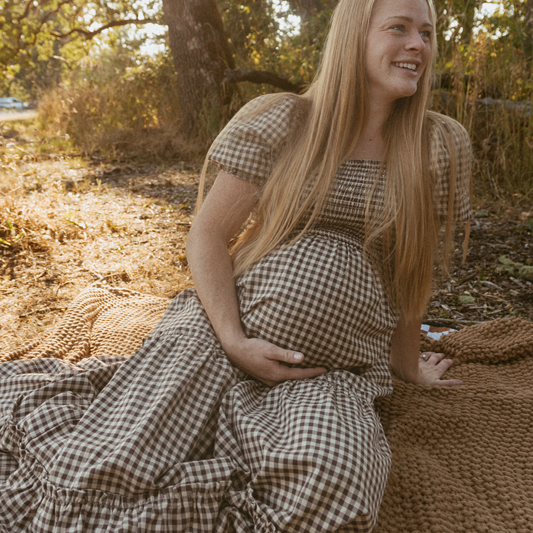 brown gingham smocked dress Brown Gingham Smocked Midi Dress
