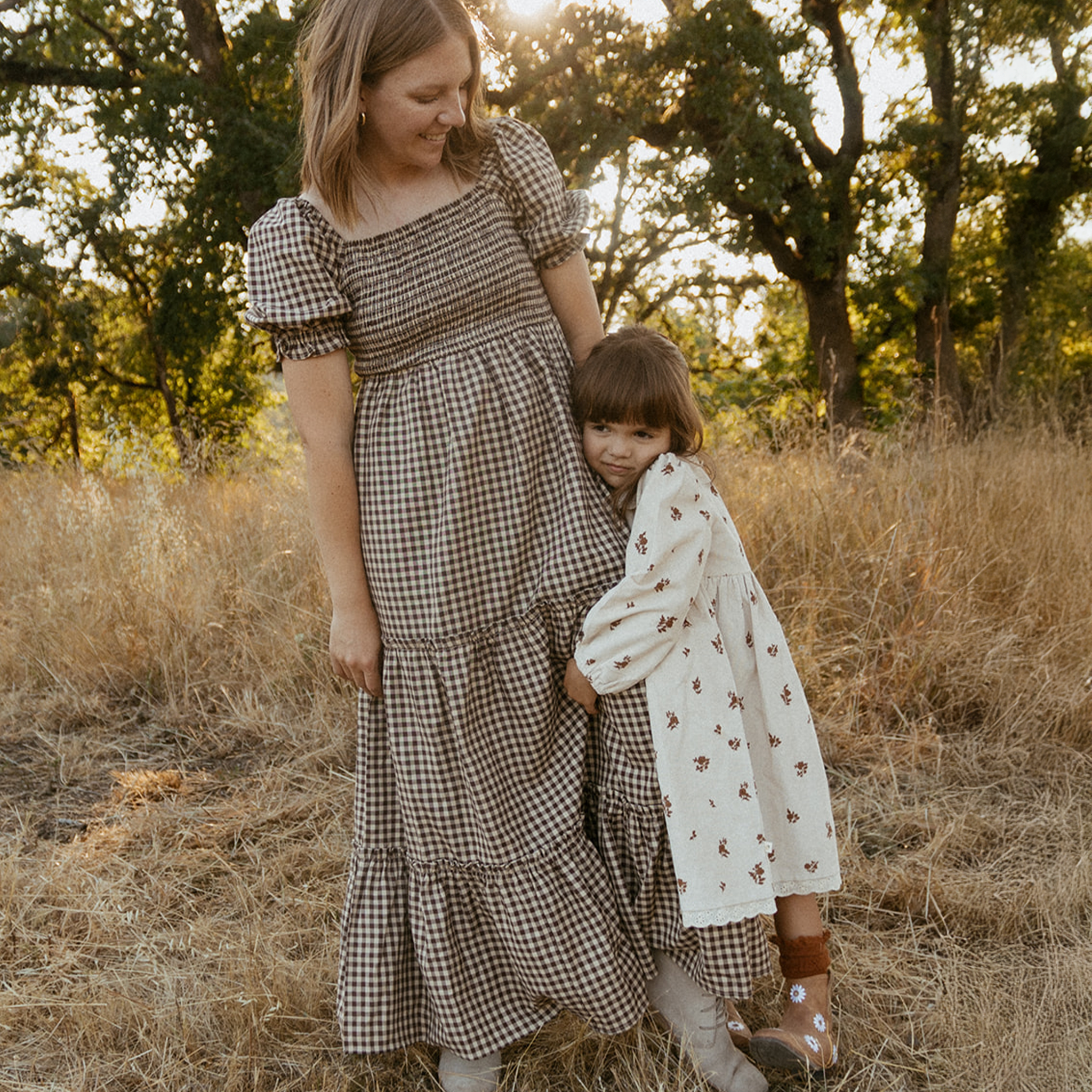 brown gingham smocked dress Lucie Elbow-Sleeve Smocked Midi Dress in Gingham
